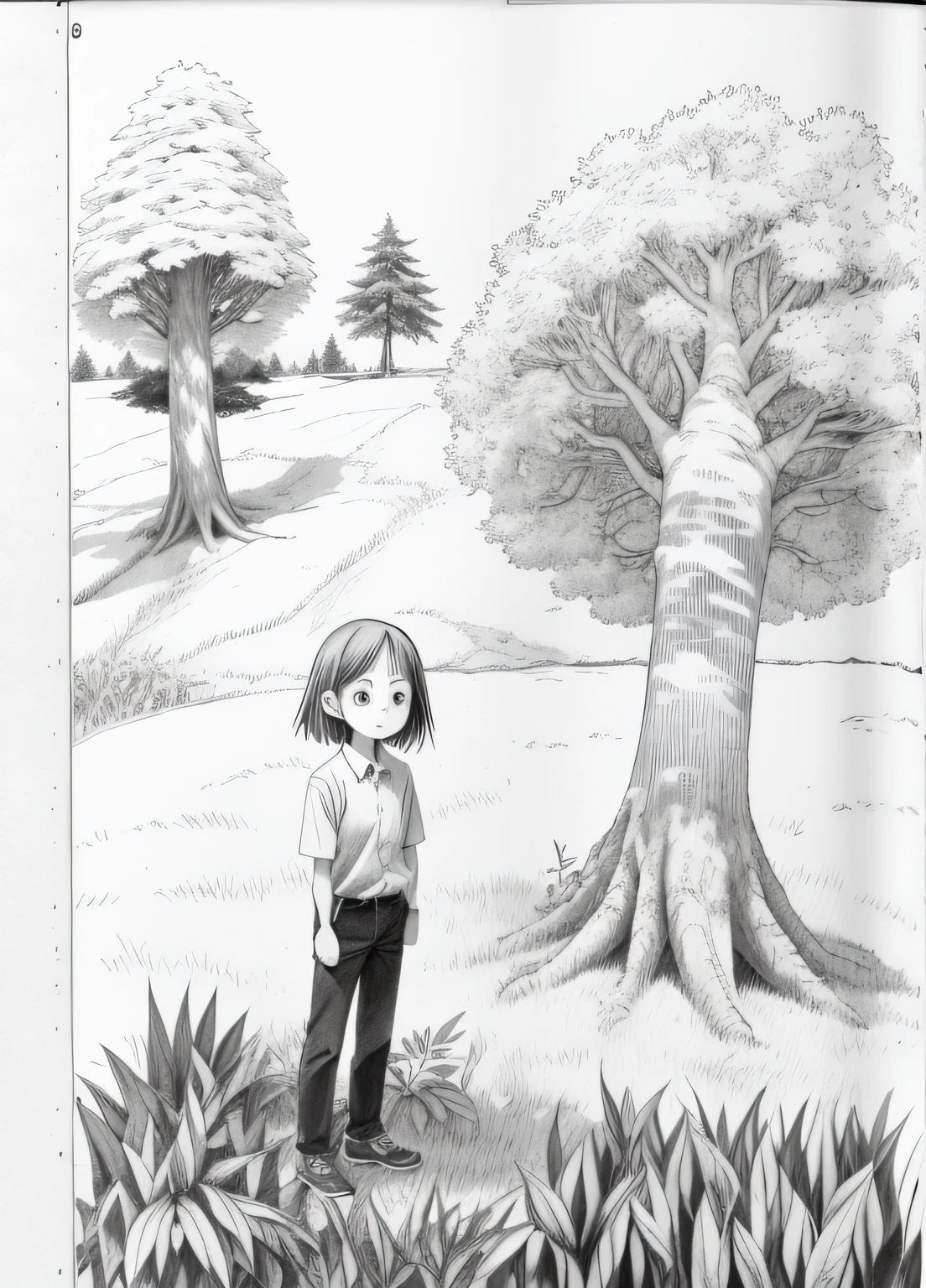 Draw a girl standing in front of a tree,There is a face on it, with a tall tree, pencil and ink manga, black and white manga page, pencil and ink manga drawing, inspired by Tosa Mitsuoki, published art, Standing in the forest, standing in forest, Detailed fanart, Manga illustration, standing on a forest, standing in forest