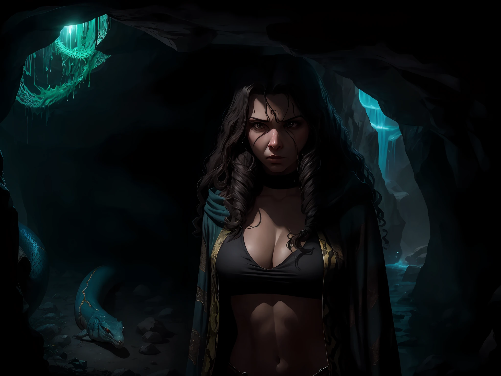 No es seguro para el trabajo, de una Medusa fotorrealista solitaria, una hermosa mujer alta, piel de serpiente, Hair with small, thin snakes, completamente cuerpoPintura serpiente, Serpiente, piel de escama de serpiente completamente, negro, piel verde y gris,piel cara con escamas serpiente, pelo formado por muchas serpientes delgadas, angry facial expression, Cara hermosa detallada, Paisaje de un interior de una cueva, sin grandes chivaduras, Cueva de fondo, Postura corporal natural, professional photographer, captured on a professional DSLR camera, tendencias en Artstation, 64k, Ultra detallado, Detalles ultra precisos, Medium bokeh lighting, surrealismo, --auto