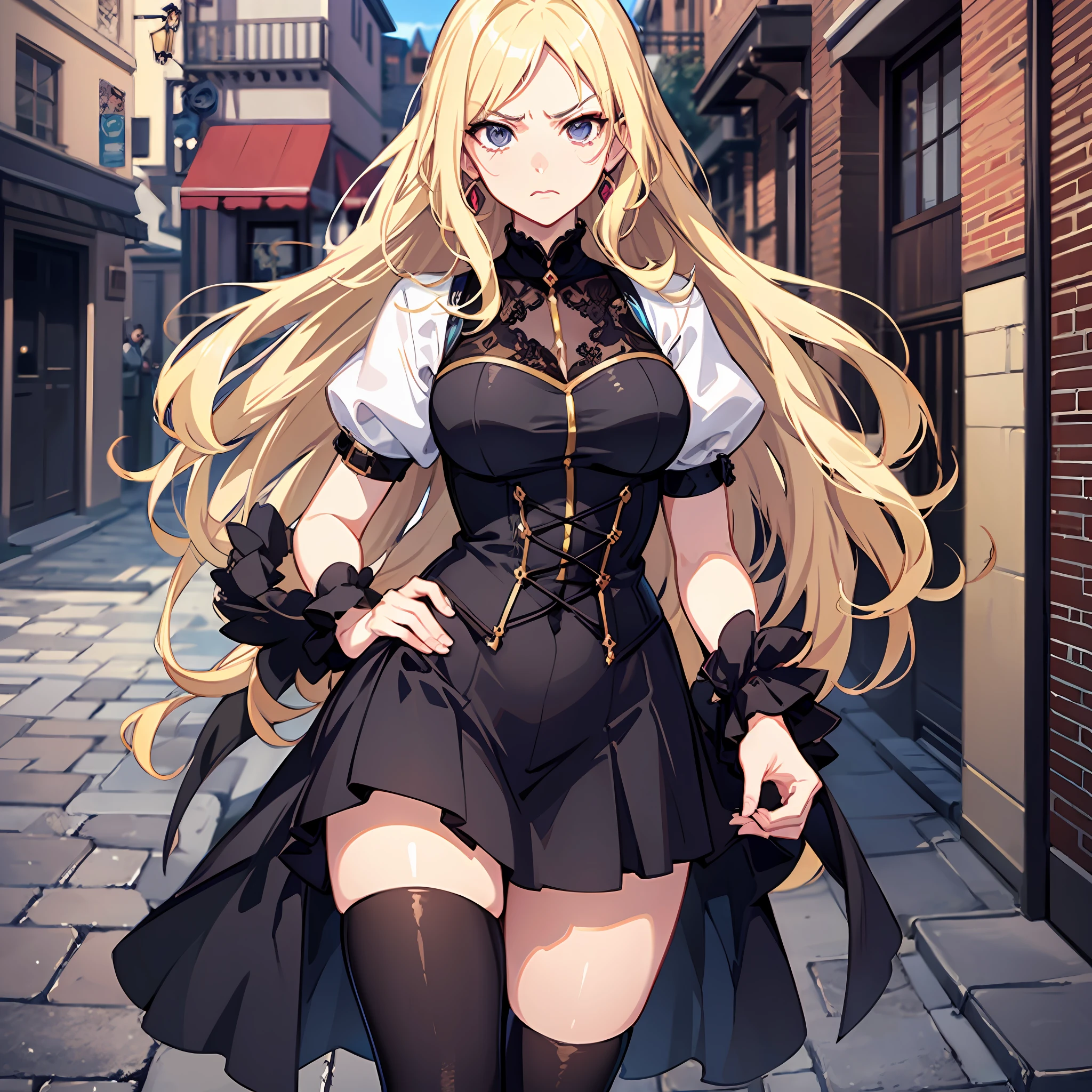 1 mature woman，(Long fluffy blonde hair:1.6)，Skirt that wraps hips，black long socks，Mature and beautiful，In quaint streets，angry, frown, grimace, scowl, disgust，looking at viewert，Ultra-detailed CG，Exquisite facial features，Clear facial expressions，Detailed digital anime art，Digital anime art，High quality anime art style