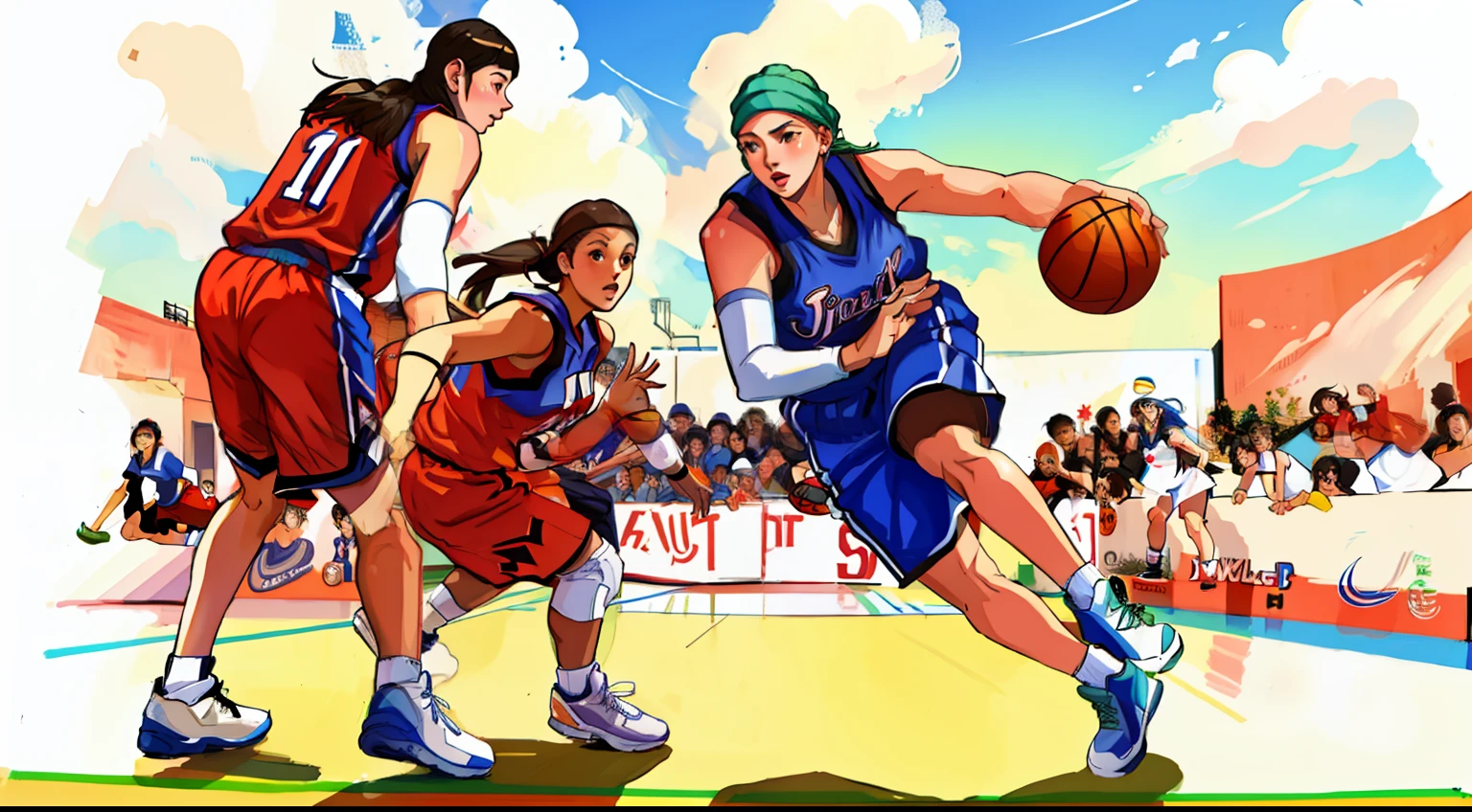 Three women play basketball,Stadium,Thick strokes,handpainted,Anyone,Basketball defense