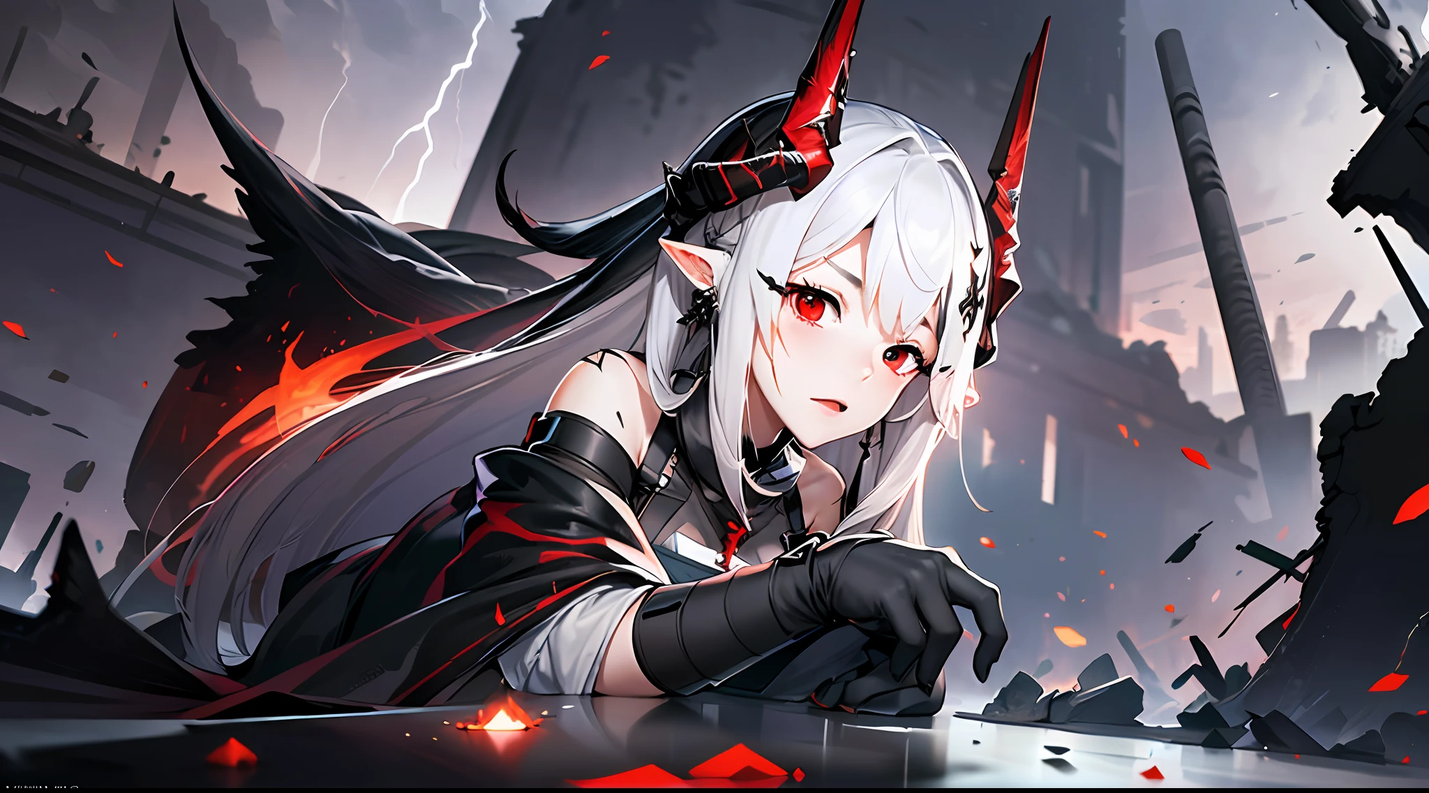 (floating and spread hair:1.2), (detailed and delicate and flexible eyes),(1girl,solo,arm, oripathy lesion (arknights),splash ink,angry.open_mouth,shout,white hair,red eyes, hair ornament, pointy ears,oripathy lesion (arknights), infection monitor (arknights),black horns,Clothes are damaged,Injuries, abrasions:1.2),mudrock (arknights), (corrpution,cowboyshot:1.15), kda, fov,f/1.8, side lighting, sunlight on people (masterpiece, best quality, Ultra Detail, wallpaper, detailed shiny skin, flawless, 8k, RAW, highres,absurdres,:1.3), (detailed super oily shiny skin:1.1),[wet:0.8|mucus], colorful, power scene,(imid shot:0.95), (Dynamic angle, upper body,Battlefield, artillery fire, ruins, ashes, lightning effects and Flame particle effect:1.2),