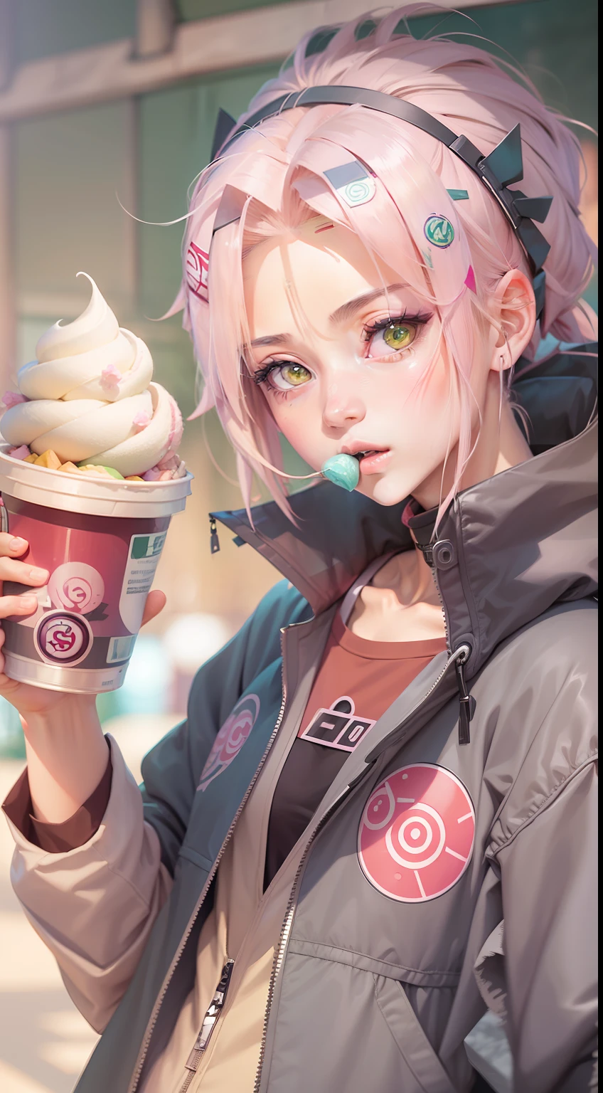 masterpiece, absurdness, 1girl with green eyes, (((Haruno Sakura))), (Naruto Shippuden), solo, wearing a jacket, ((headband with the symbol from the Hidden Leaf Village, Konohagakure)), eating ice cream soda, looking at viewer, floating hair, anime style 4 k, realistic anime art style, anime style. 8k, beautiful anime girl