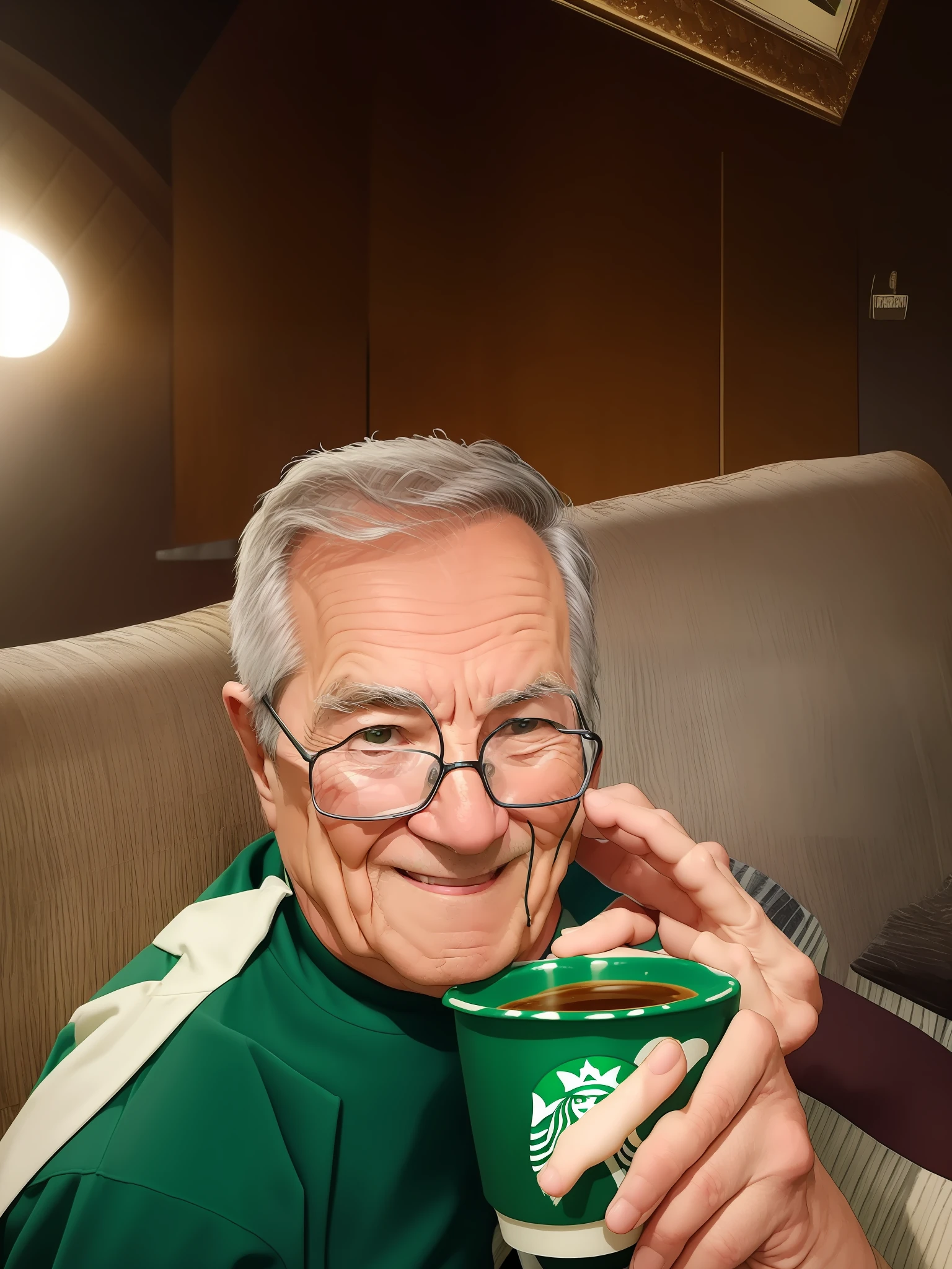 Elderly man drinking Starbucks coffee very happy