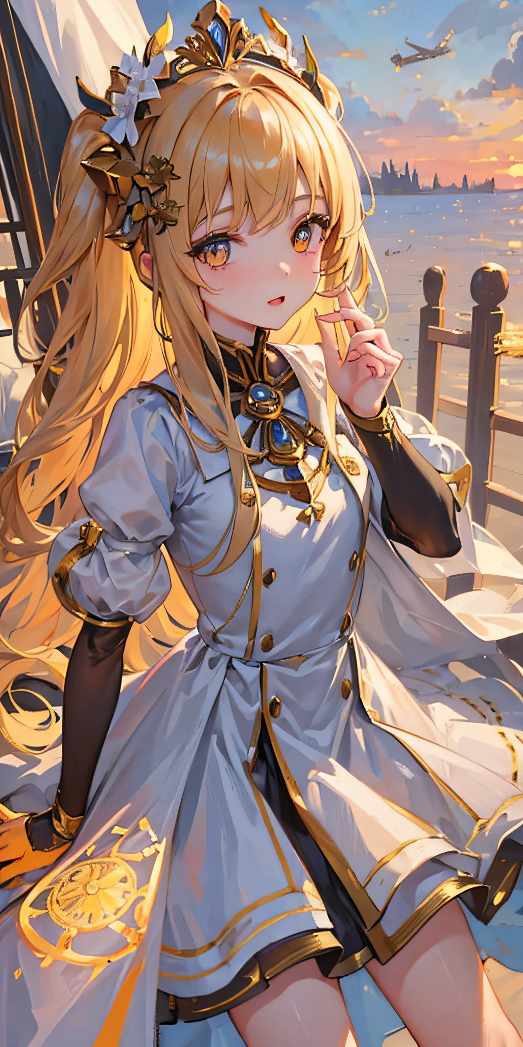 1girl,  ((masterpiece:1.4, best quality)),((masterpiece, best quality)),cute girl,loli, golden eyes,Mechanical skin, Mechanical ,joints,Ship Maiden,Beautiful dress,colored,Exquisite headdress