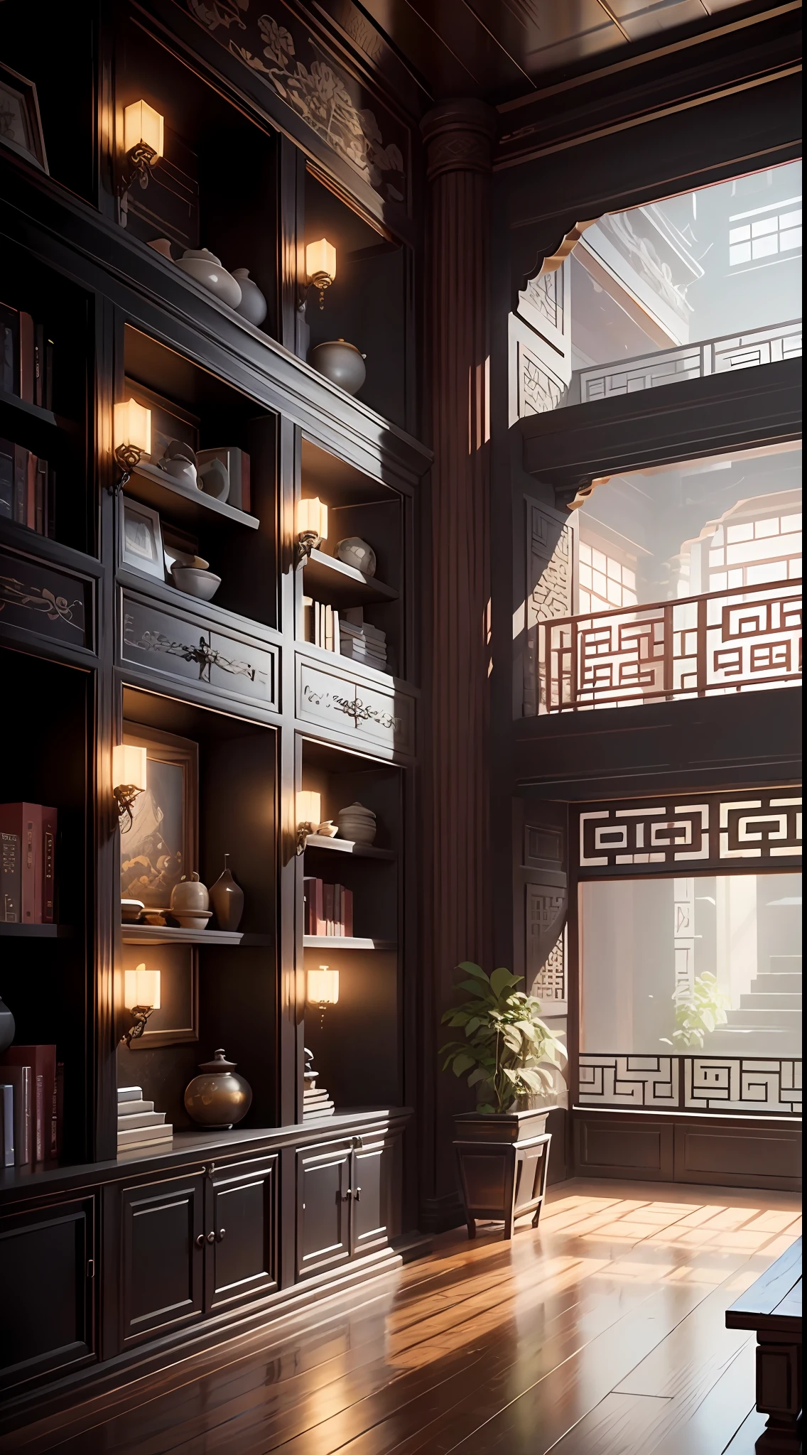 (Chinese ancient style:1.7),Learning background wall,Bookshelves full of books, paint black,dimly lit,rendering in Unreal Engine 6, Rendered in Lumion Pro, corona rendered, Detailed rendering of architectural visualizations, Render in V-Ray, Unreal rendering engine, Render with Vray