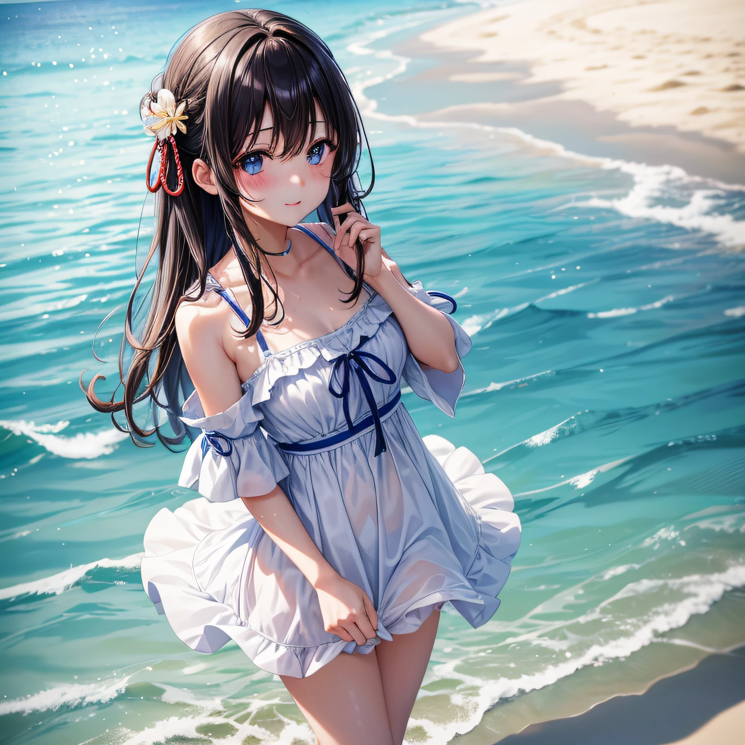 (top-quality、8K、32K、masuter piece、nffsw:1.2)、Photo of a cute Japanese woman、1人、夏天、the beach、Summer dress、A sexy、maikurobikini、Overexposed、Wet、gravure、Overexposed、randome pose、Hairstyle Random、hair color random、Eye color random、amorous、Sheer