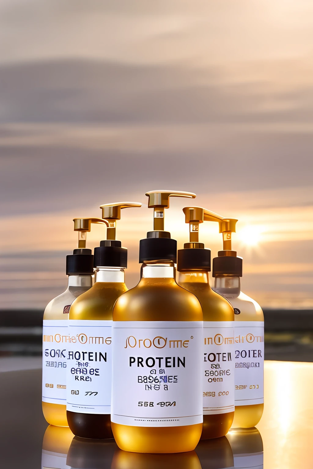 Bottles of protein and essence are placed on a table with labels, modern times, pristine and clean design, pristine skin, mid tone, crisp smooth lines, ProductAdvertisements, dark-toned product photos, commercial product photography, evidence, high quality topical render, clean and pristine design, product label, Product photography, the essence, morning golden hour, Professional product photography, dramatic product photography