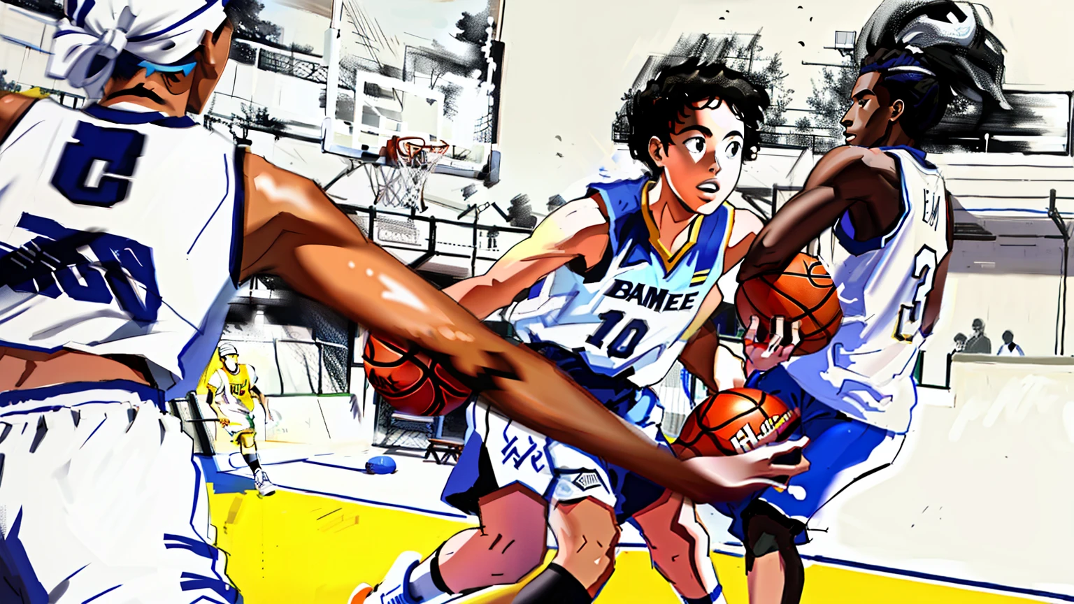femele,Break through the defense,Basketball court background, Black and white line drawing,handpainted