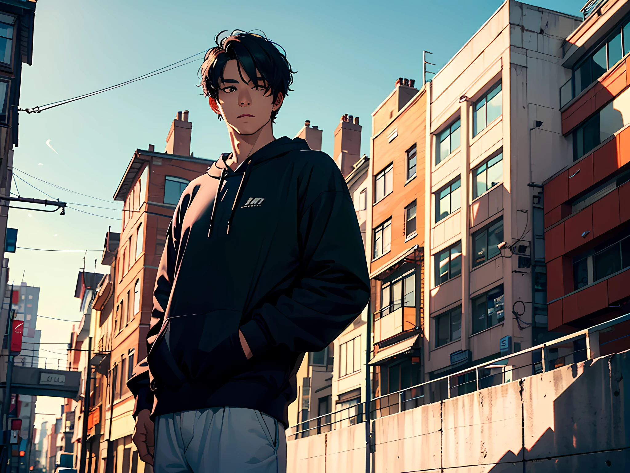 A young person, dressed modestly and leading a simple life, is surrounded by an ordinary cityscape with no extravagant buildings or luxurious vehicles: 1.8 (Plain and unassuming appearance: 1.9) (Simple and minimalistic lifestyle: 1.7) (Ordinary city streets without grand architecture: 1.6) (Absence of luxury cars: 1.5) (Sense of contentment and tranquility: 1.8)black hair, with brown eye, handsome, male people, solo person, No beard, Black sweatshirt, 8k, super detail, ccurate, best quality, 1080P, highres, best quality, UHD, masterpiece, high quality, high details