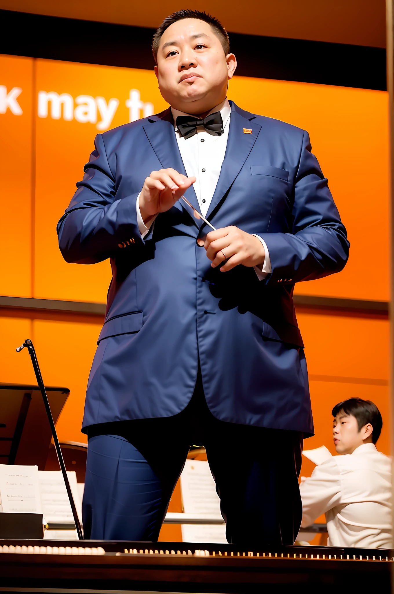 Jet li,Chinese fat man,Business suit,stage lighting,Play the piano,Concert Hall,Fat and strong,musculature,violin,Fitness