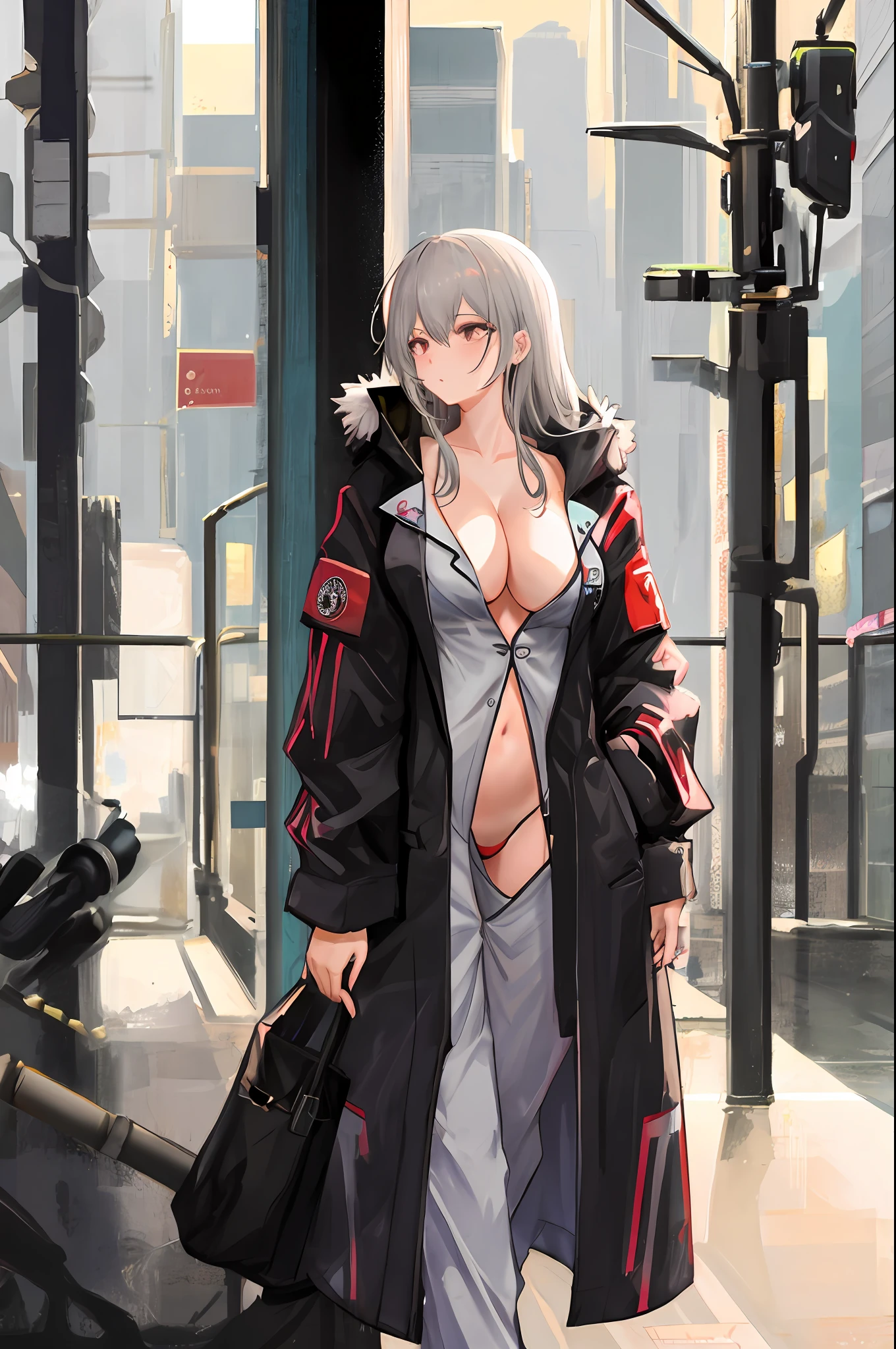 Long legs, long hair, gray hair, cyberpunk, depth of field, blurred background, thong, nudity, big breasts, cleavage, vaginal fissure, lace pajamas, no coat, sexy