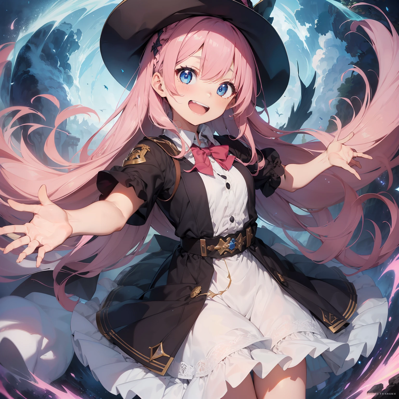 (superfine illustration:1.2),(masutepiece, 8K), (Best Quality, High quality:1.4), portlate、((Super Pastel)),Perfect Anatomy, Hyper Detailed, ultra-detailliert,masterpiece background,beautiful detailed background, V8K Wallpapers,perfect design, 1girl in, Solo, (Outstretched arms,slender, Very short sleeves,Pink hair,Wizard's Clothing, Lots of lace patterns、Outstanding smile、 frombelow, Cowboy Shot:1.2), (lightsmile, Open mouth, 17 years old, Pink hair, (Super long hair,Twin-tailed), Blue eyes, Blue eyes, Light blue blouse, Short sleeves, Adventurer-style wizard costume、Pretty Witch、 long boots, Slender girl), (Fairy world in medieval European fantasy world)、order、Releasing a lightning strike spell