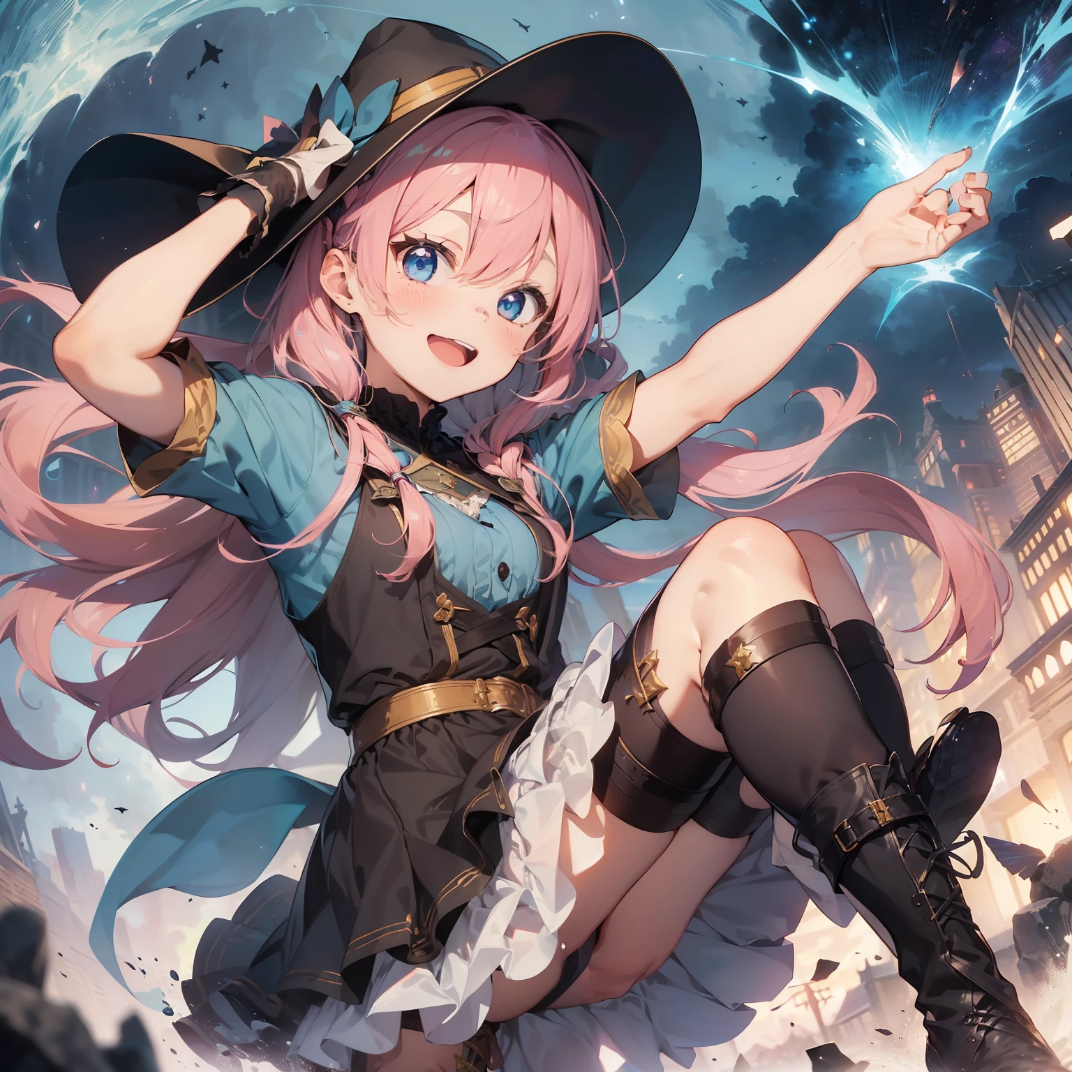 (superfine illustration:1.2),(masutepiece, 8K), (Best Quality, High quality:1.4), portlate、((Super Pastel)),Perfect Anatomy, Hyper Detailed, ultra-detailliert,masterpiece background,beautiful detailed background, V8K Wallpapers,perfect design, 1girl in, Solo, (Outstretched arms,slender, Very short sleeves,Pink hair,Wizard's Clothing, Lots of lace patterns、Outstanding smile、 frombelow, Cowboy Shot:1.2), (lightsmile, Open mouth, , Pink hair, (Super long hair,Twin-tailed), Blue eyes, Blue eyes, Light blue blouse, Short sleeves, Adventurer-style wizard costume、Pretty Witch、 long boots, Slender girl), (Fairy world in medieval European fantasy world)、order、Releasing a lightning strike spell