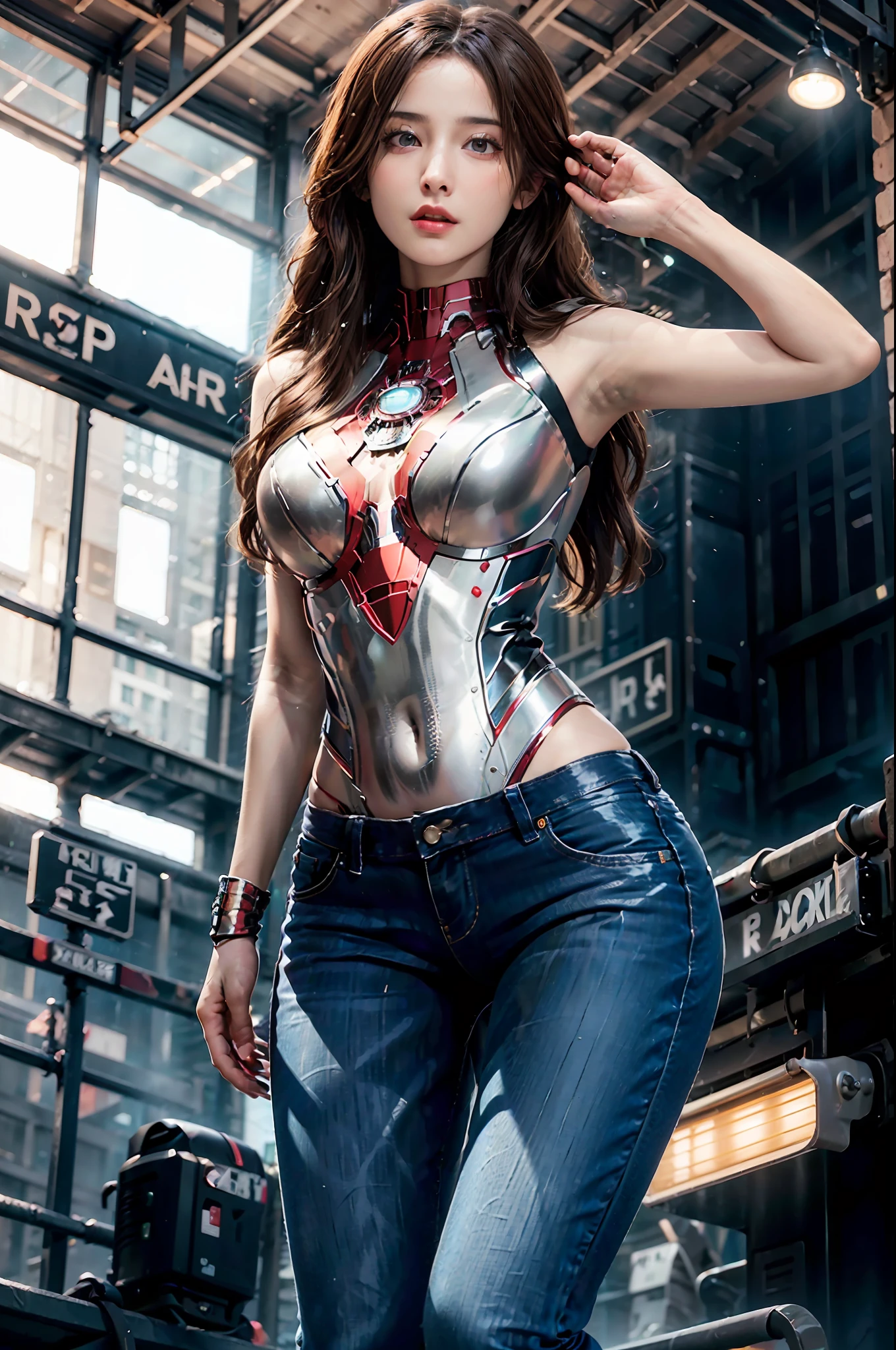 RAW, Masterpiece, Super Fine Photo, Best Quality, Ultra High Resolution, Photorealistic Photorealism, Sunlight, Full Body Portrait, Amazing Beauty, Dynamic Pose, Delicate Face, Vibrant Eyes, (From the side), She Wears Iron Man costume, Ragged Top, Jeans, Very Detailed Background, Detailed Face, Detailed Complex Busy Background, Messy, Gorgeous, Milky White, Highly Detailed Skin, Realistic Skin Details, Visible Pores, Sharp Focus, Volume Fog, 8K UHD, DSLR , high quality, film grain, fair skin, photorealism, lomography, sprawling metropolis in futuristic dystopia , seen from below, translucent