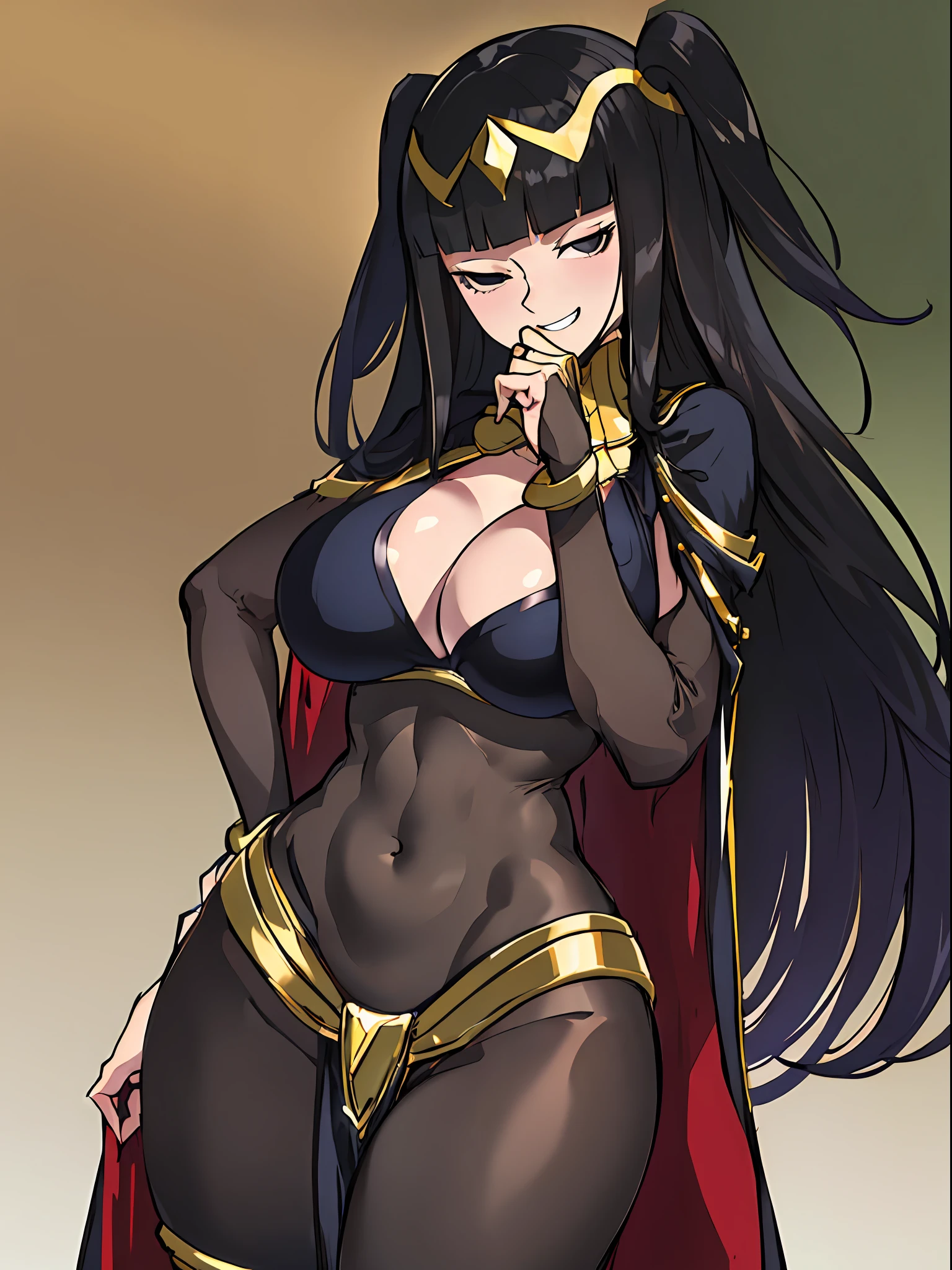 ((masterpiece:1.2)), best quality, ((extreme detail)),(ultra-detailed), anime screencap, extremely, detailed, (official art), CG, 4k, wallpaper, 1girl, (solo), blunt bangs, hime cut, tharja, tharja(fire emblem), ((black eyes)), black hair, long hair, gold loincloth, gold-lined, (bodystocking), gold hairband, gold collar, hand to own chin, looking at viewer, wide hips, (((half closed eyes))), (full body view), ((large breasts)), (((grin))), thick thighs, ((shaded_face:1.3)),