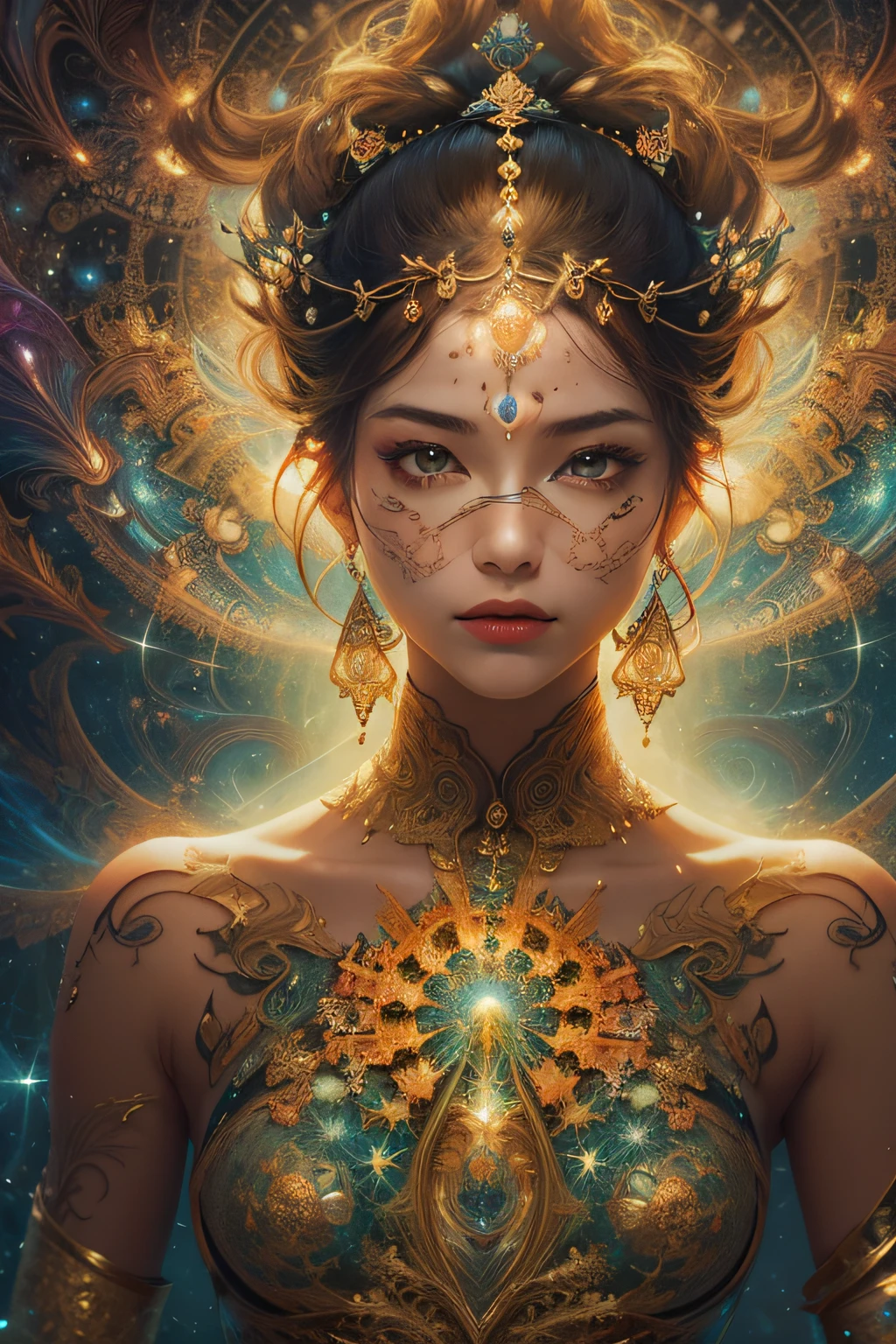 Beautiful latino woman、full body Esbian、looking at the viewers、Symmetrical and、Close your eyes、slight smile、Spitarian awakening、intricate-detail、
cosmic、Ethereal、Mystical、Complex environments、Brush Stoke、illuminating、
(Fractal Art:1.5)、(glint)、(spark of light)、masterpiece、超A high resolution、hightquality、