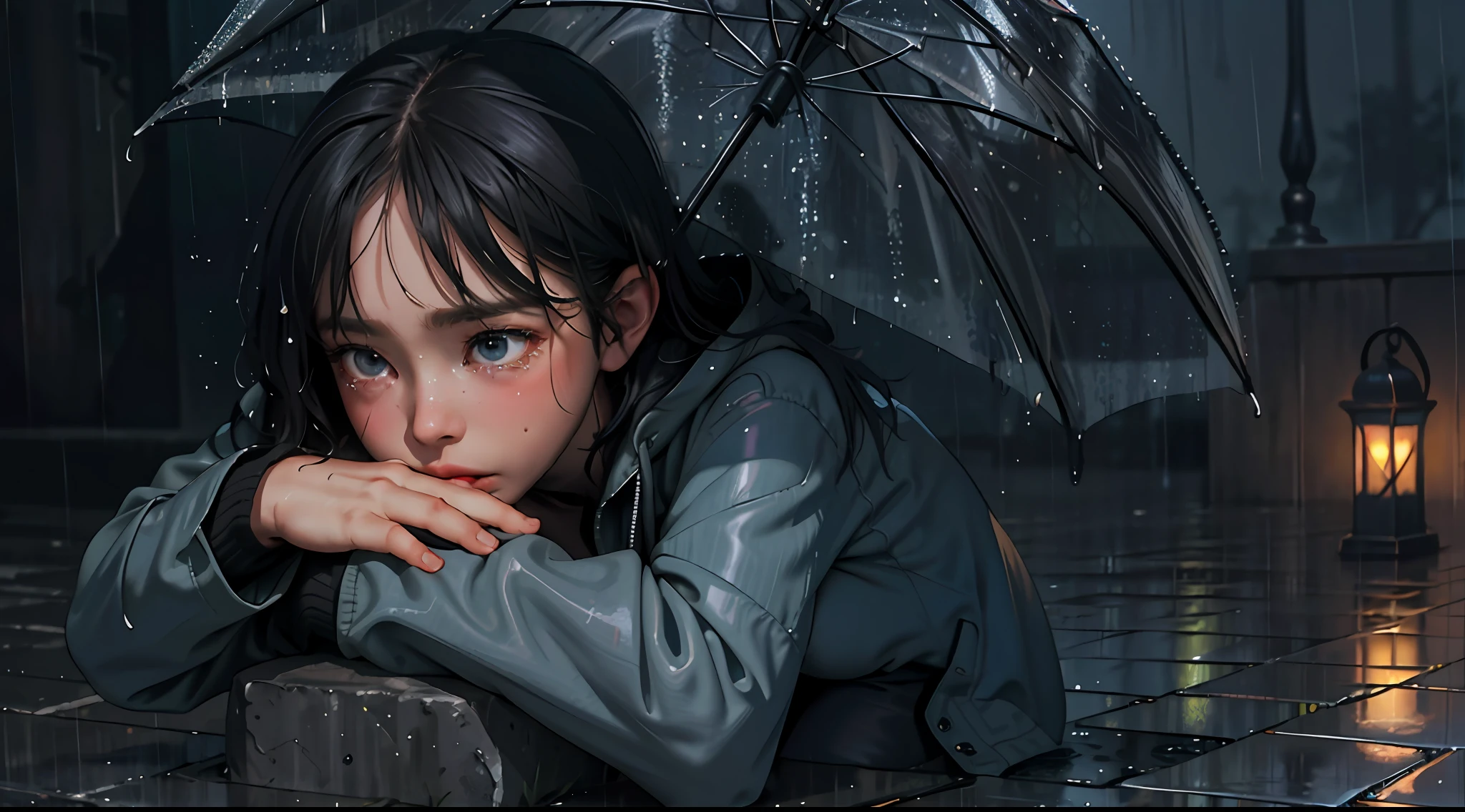 (masterpiece:1.2, best quality), (real picture, intricate details), (night, dark, downpour:1.4)
There was no one in the alley, and the surroundings were silent, only the raindrops sprinkled on the tile eaves of the low houses near and far, making a slight rustling sound. In the cold rain, (1girl, wet hooded jacket, sad, tears in eyes, shivering:1.2) squatting on the ground,