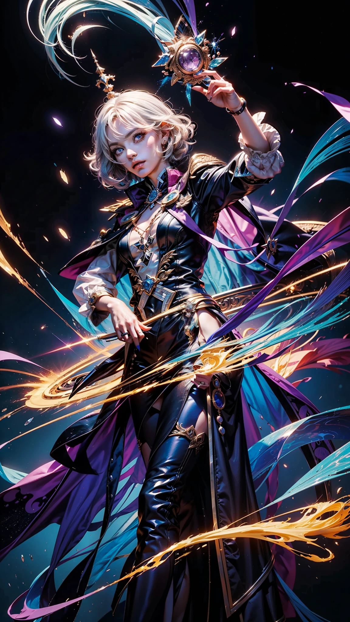 ((​masterpiece))、(((top-quality)))、((character sheets、Same character、frontage、Lateral face、Different facial expressions、character designs))、illustratio、1little girl、femele、curlyhair、eyes hair、silber hair、beautidful eyes、Environmental Scene Change、Pose too、Purple color palette、neon color、magic particles、rainbow eyes、)、magician、Hold Arc、Chartaran Betarola、8k、16k、(Simple background、 white backgrounid:1.3)