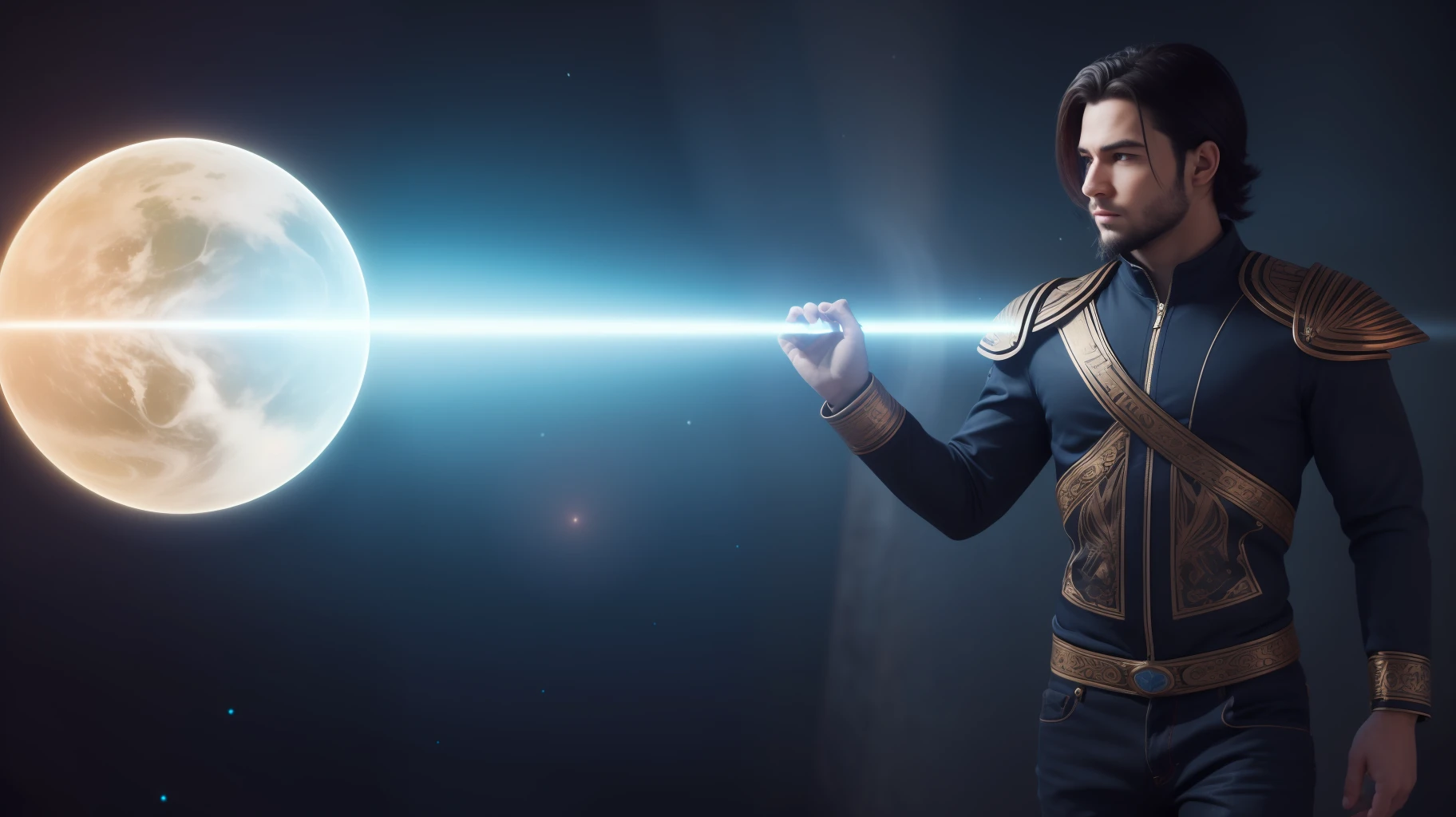 Realistic lighting, Best quality, 8K, Masterpiece: 1.3)), generate a majestic male god representing the zodiac sign libra, blue attire, black hair, standing on a planet with a swirl of air around, libra background