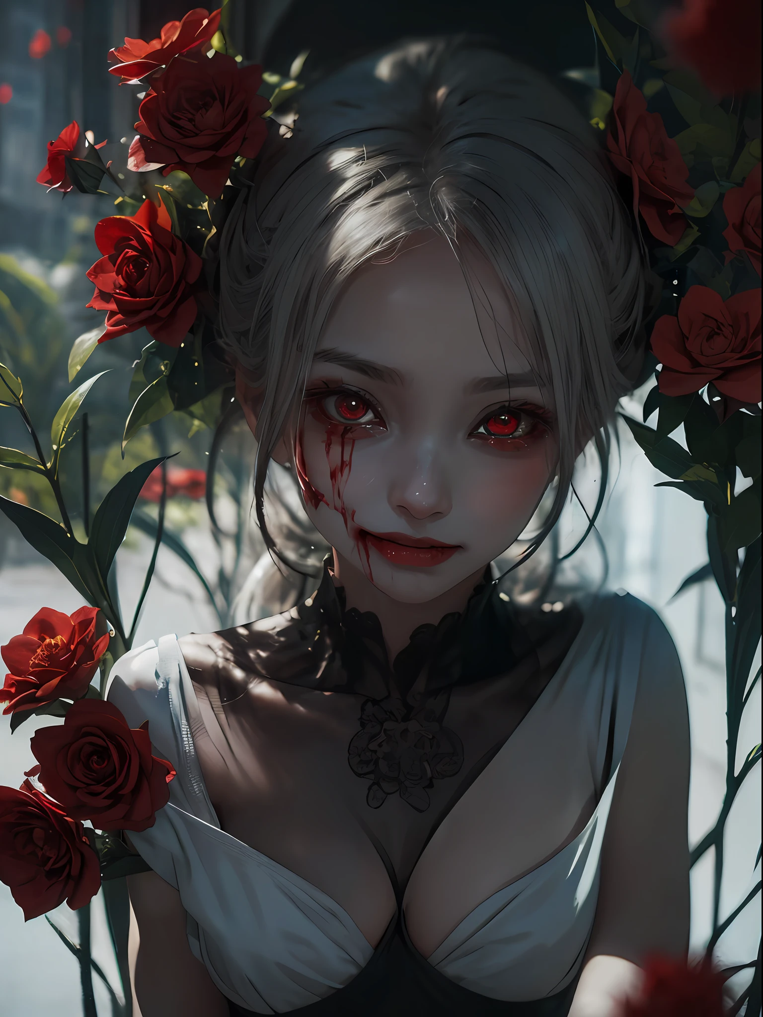 (reminiscent, captivating, and dreamy atmosphere),(malicious gaze with red eyes, porcelain skin, a mischievous smile), their decomposing face with exposed teeth, Crying blood, Red Flowers