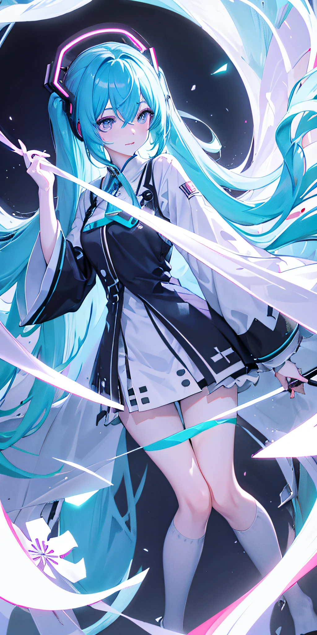 hatsunemiku,gouachestyle,long_hair,widesleeves,bluehair,whiteskin,blackeyes,simpleandelegantclothes,neonandcyanancientclothes,purple,white,neon,flowers,classicalChinesescenes,(neonHouse),inkanimation,reflective，White gloves