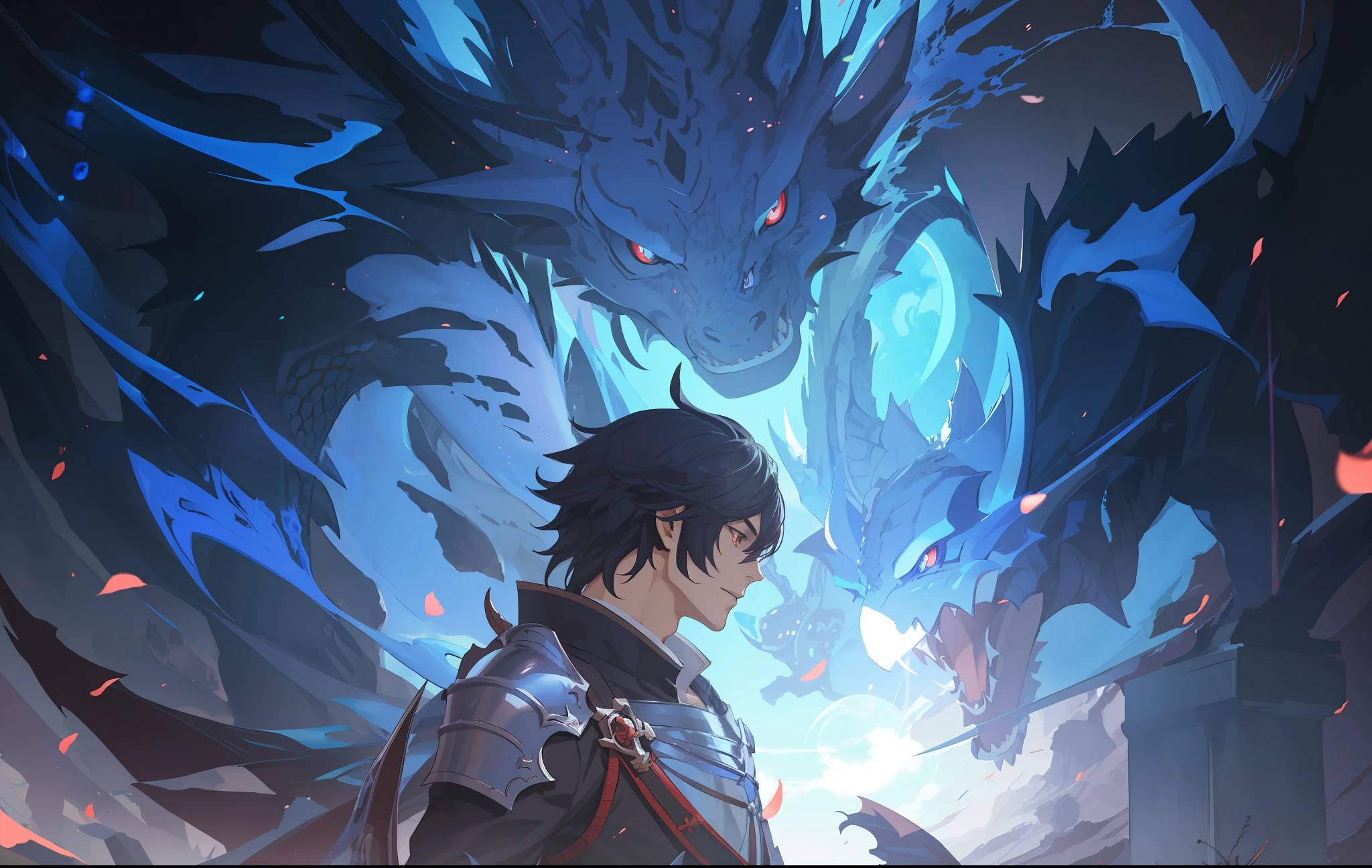 Anime, A man holding a sword and a dragon in the background, human and dragon fusion, man with the soul of a dragon, granblue fantasy, Keqing from Genshin Impact, battle with dragon, 2. 5 D CGI anime fantasy artwork, Detailed digital anime art, Blue dragon, Dragon in the background, blue scaly dragon