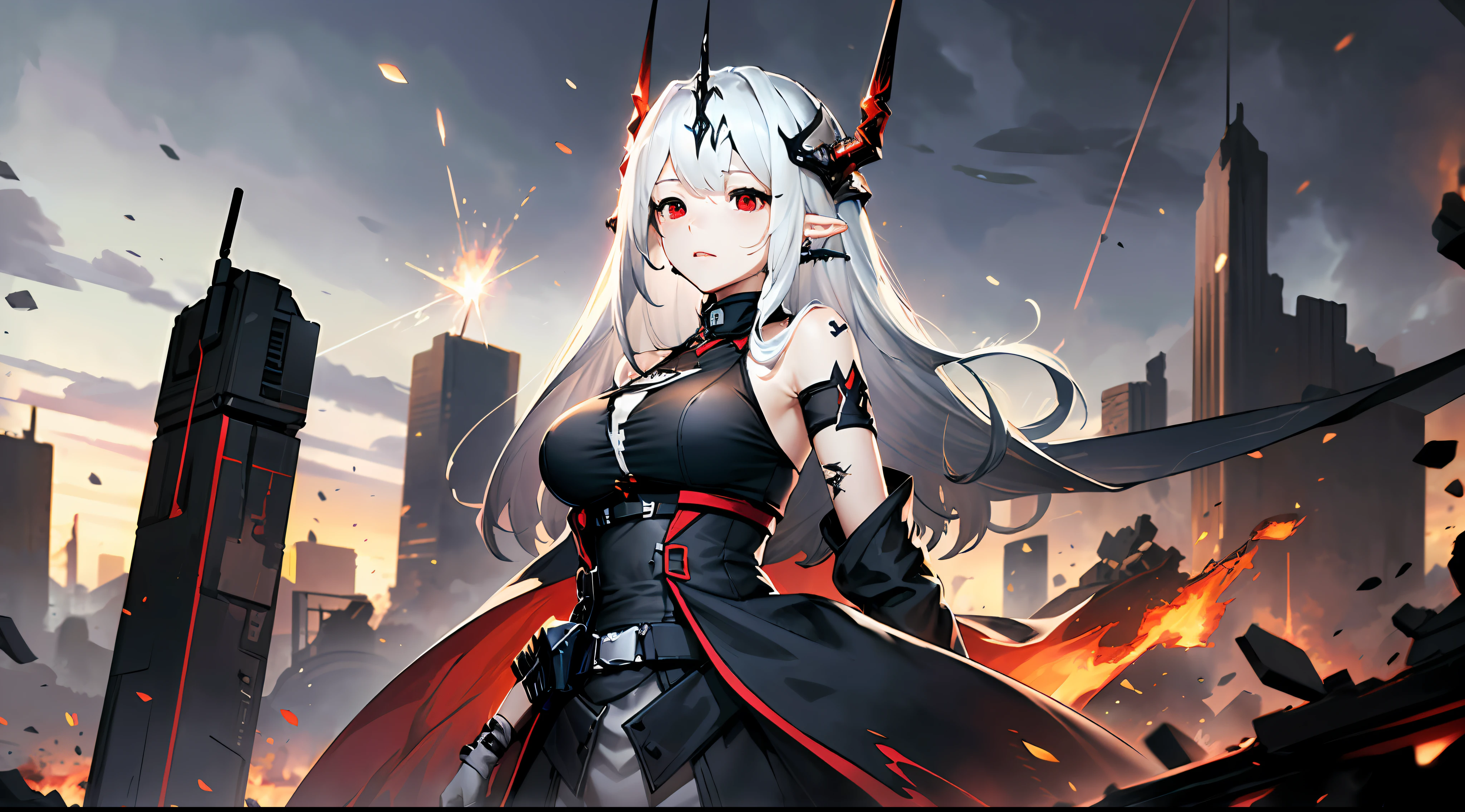 (floating and spread hair:1.2), (detailed and delicate and flexible eyes),(1girl,solo,arm, oripathy lesion (arknights),splash ink,angry.open_mouth,shout,white hair,red eyes, hair ornament, pointy ears,oripathy lesion (arknights), infection monitor (arknights),black horns,Clothes are damaged,Injuries, abrasions:1.2),mudrock (arknights), (corrpution,cowboyshot:1.15), kda, fov,f/1.8, side lighting, sunlight on people (masterpiece, best quality, Ultra Detail, wallpaper, detailed shiny skin, flawless, 8k, RAW, highres,absurdres,:1.3), (detailed super oily shiny skin:1.1),[wet:0.8|mucus], colorful, power scene,(imid shot:0.95), (Dynamic angle, upper body,Battlefield, artillery fire, ruins, ashes, lightning effects and Flame particle effect:1.2),