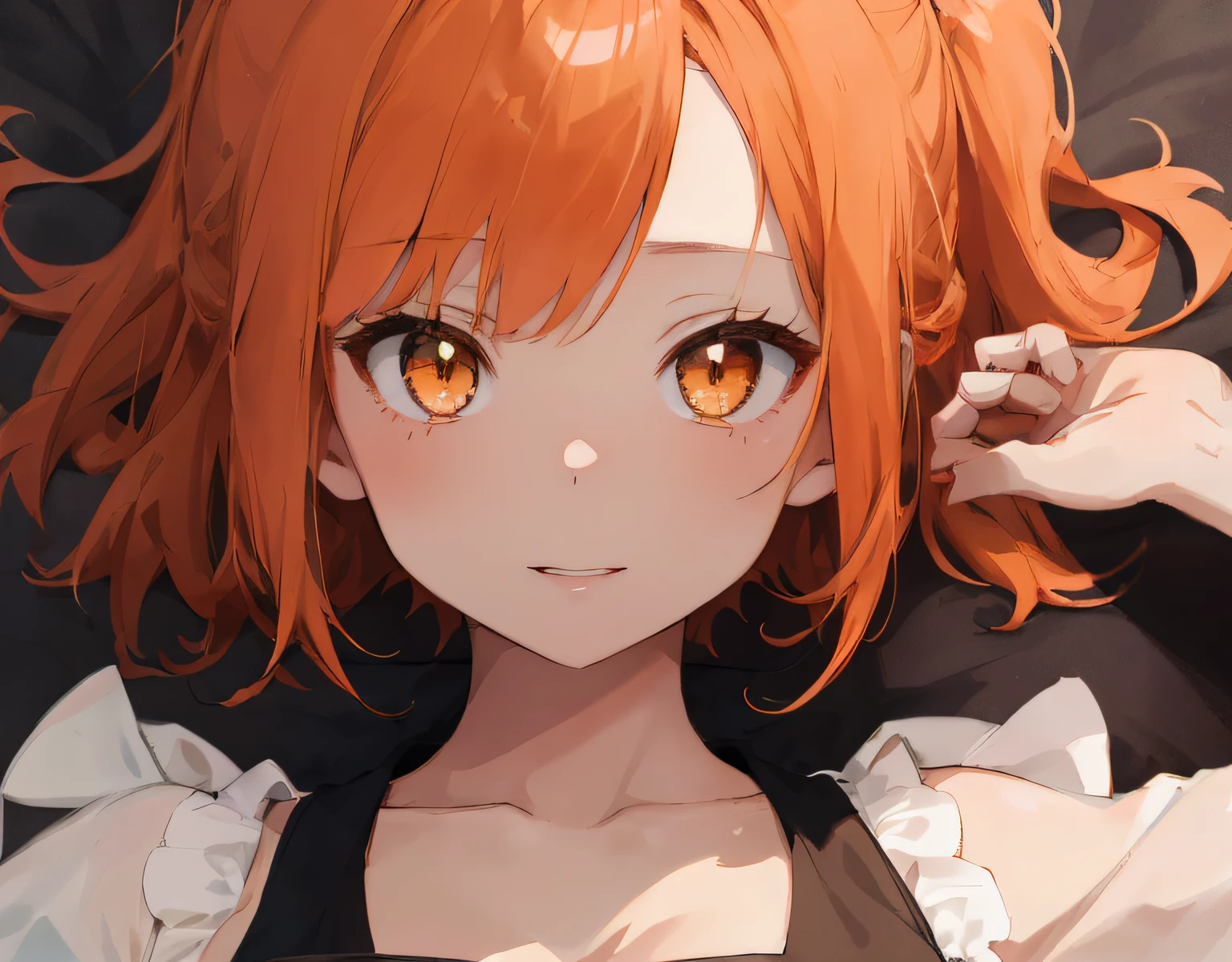 masterpiece, best quality, ultra-detailed, illustration, an extremely delicate and beautiful, cute, 1girl, solo, orange hair, brown eyes, simple background, upper body, bust up shot, beautiful clavicle, cleavage, not dressed, shirtless, completely, Composition from the chest up,like ID photo, no clothes, no underwear,