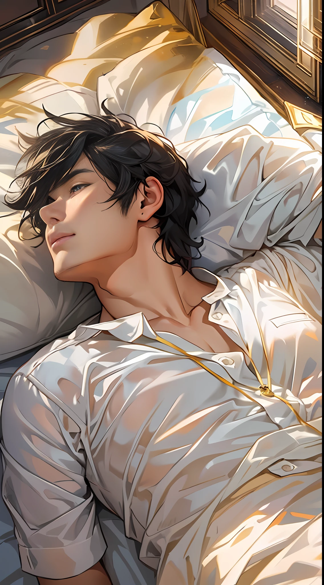 A dark-haired man lay on the bed,On the left is a white shirt, in the style of the stars art group xing xing, cartoon mis-en-scene, Realistic scenery, I can't believe how beautiful this is, Golden light, Reflective, chinapunk
