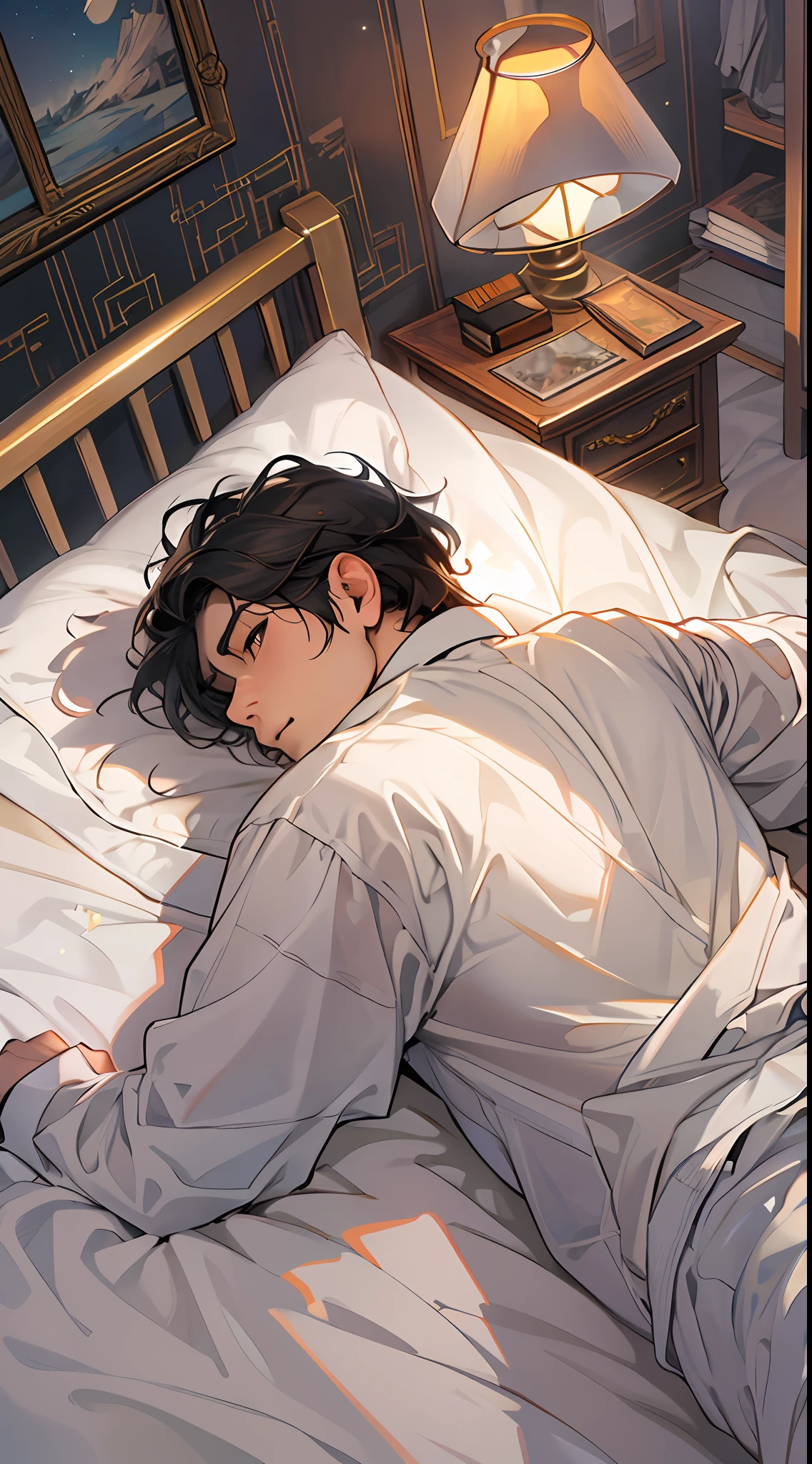 A dark-haired man lay on the bed,On the left is a white shirt, in the style of the stars art group xing xing, cartoon mis-en-scene, Realistic scenery, I can't believe how beautiful this is, Golden light, Reflective, chinapunk