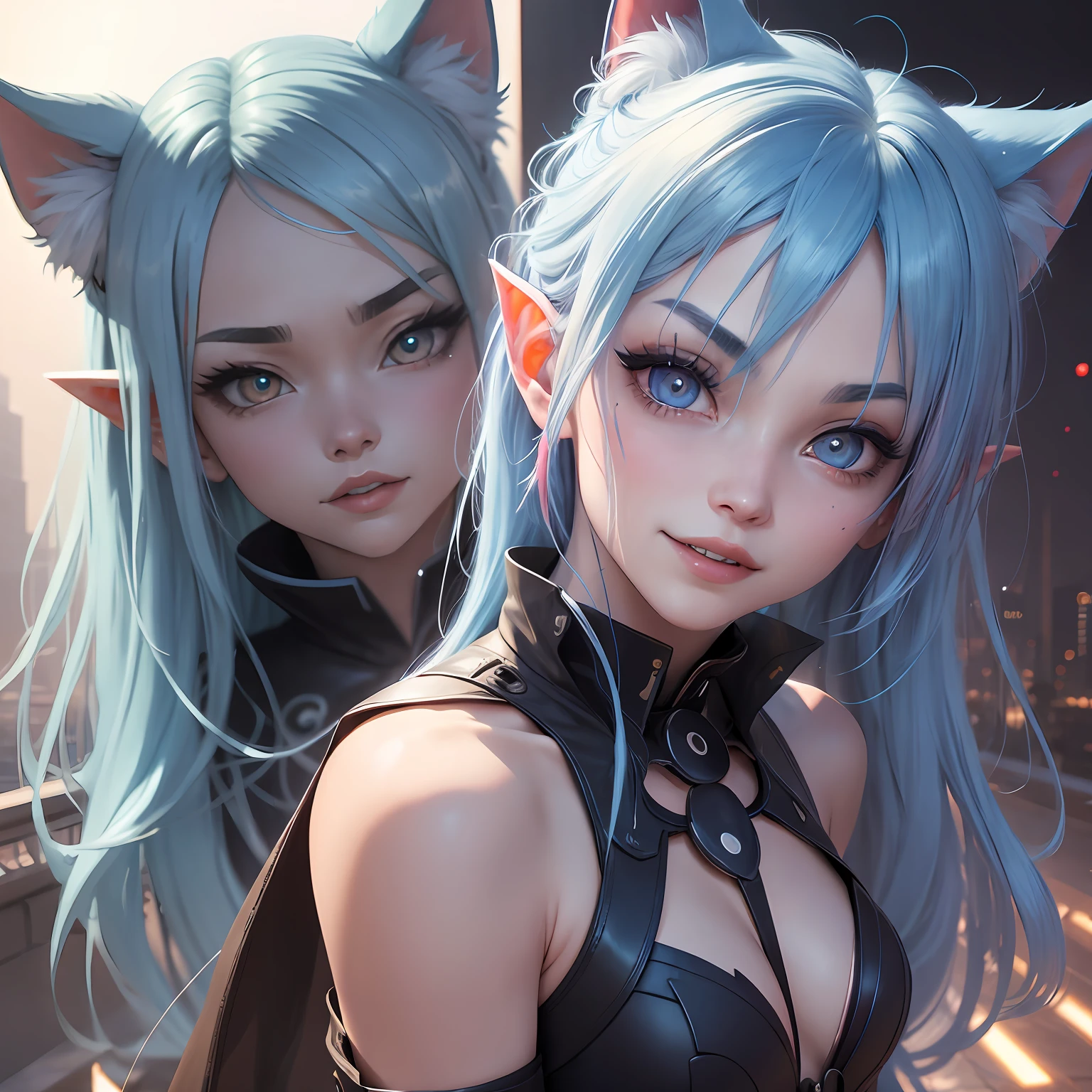 longeyelashes, solid circle eyes, ear blush, fang, blue hair, pointy ears, symbol-shaped pupils, star-shaped pupils, fangs, crazy smile, slit pupils, rainbow hair, atmospheric perspective, wide shot, perspective, anime, panorama, from side, from behind, vanishing point, cinematic lighting, 8k, super detail, ccurate, best quality, masterpiece --auto