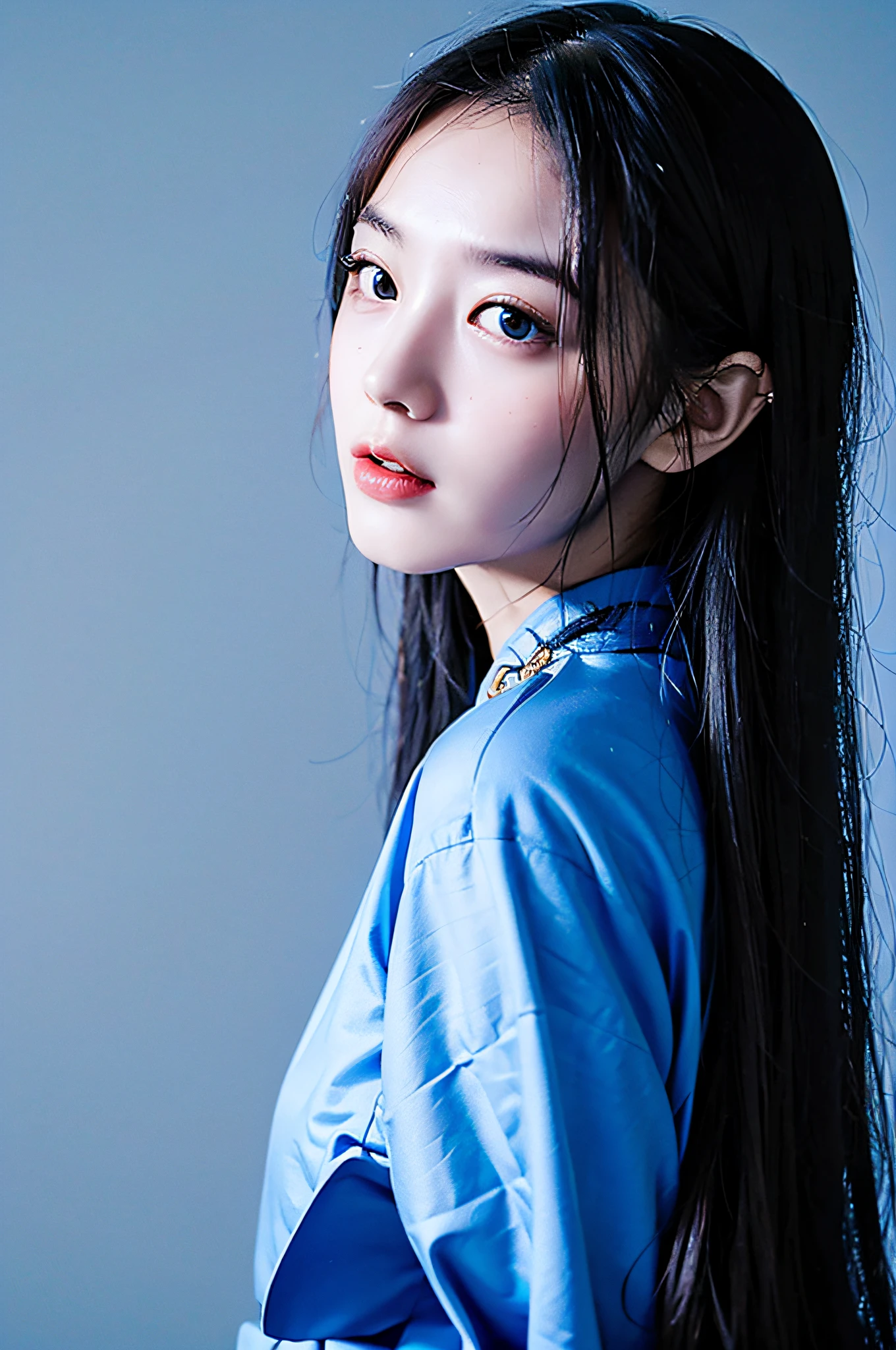 （Hyperrealistic,）4K,35mm,Cinematography，hyper-high detail, Professional lighting, Best quality, Super high resolution, Visually stunning, (1girll:1.3), (dark blue theme:1.2), Light gray background, Deep blue, Chinese style,republic,,realskin,