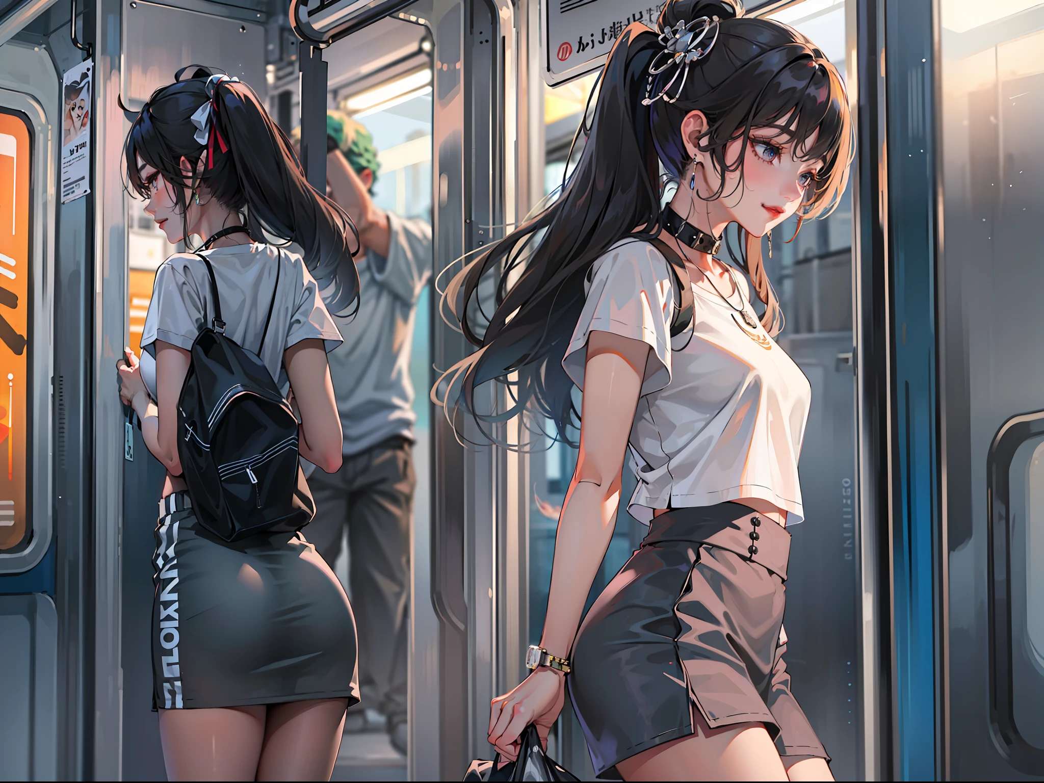 (Best quality, 8k, masterpiece), (a pretty girl, long pure black hair, Hime hairstyle, hair edges are very neat, big eyes: 1.4, long eyelashes, delicate makeup: 1.4, sexy lips, blush), (delicate watches, delicate necklaces, large earrings), (caught in the subway train, riding the subway, standing), (fashionable outfit, leopard print shorts on the outside, white T-shirt on the inside, Nike, black fashion sunglasses hanging on the clothes), (medium chest, stiff), ( Black Oil Glossy Clear Pantyhose), (High-waisted Skirt), Light Ripen, Royal Sister, Best Light, Best Shadow, Movie Lighting, 28 Years Old, 1girl, Acura, (Real Skin, Supple Skin) Ray Tracing, Unreal Engine 5, Reflective Skin, Digital Illustration, Game CG Characters, Supermodel, (Kpop, idol), (Body Edge Light, Colored Light Sources Around), Wind Blowing Hair, Listening to Songs with Headphones, (Looking at the Camera with a shy smile, happy expression), (thin waist, wide hips, fitness figure, buttocks), close-up