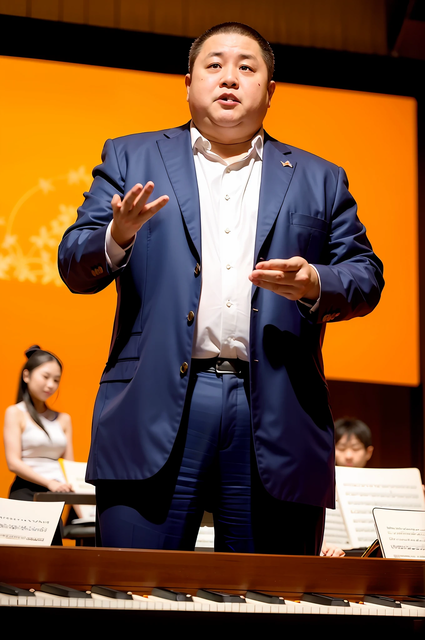 Jet li，Chinese fat man，Business suit，stage lighting，Play the piano，Concert Hall，Fat and strong，musculature，violin，Fitness，Snowflakes flying