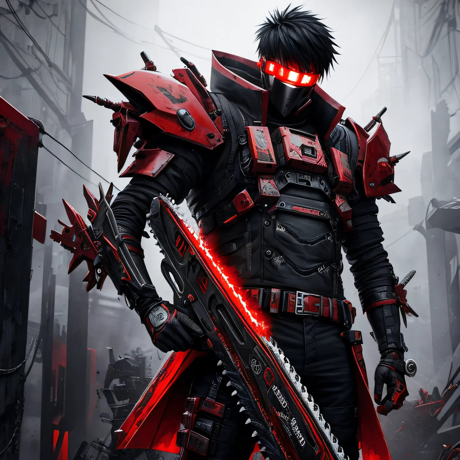 Dark fantasy，cyber punk perssonage，Chainsaw，Chainsaw man，red colour:1.1，of a guy，Mechanical Wonder，Mechanical presence，Cyber Guardians。 --auto