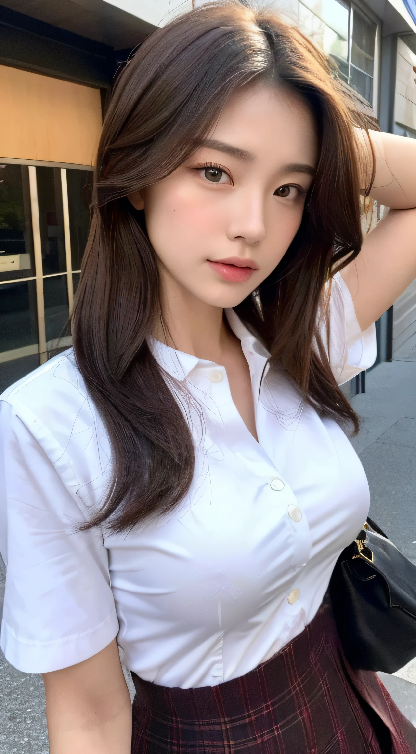 ((top-quality、8k、masterpiece:1.3))、、student clothes、校服、Ultra mini skirt、Crisp focus:1.2、Beautiful Women in Perfect Style:1.4、Slender abs:1.2、((Dark brown hair、huge tit:1.2))、(White button-up long shirt:1.1)、Street:1.2、Highly detailed facial and skin texture、A detailed eye、二重まぶた