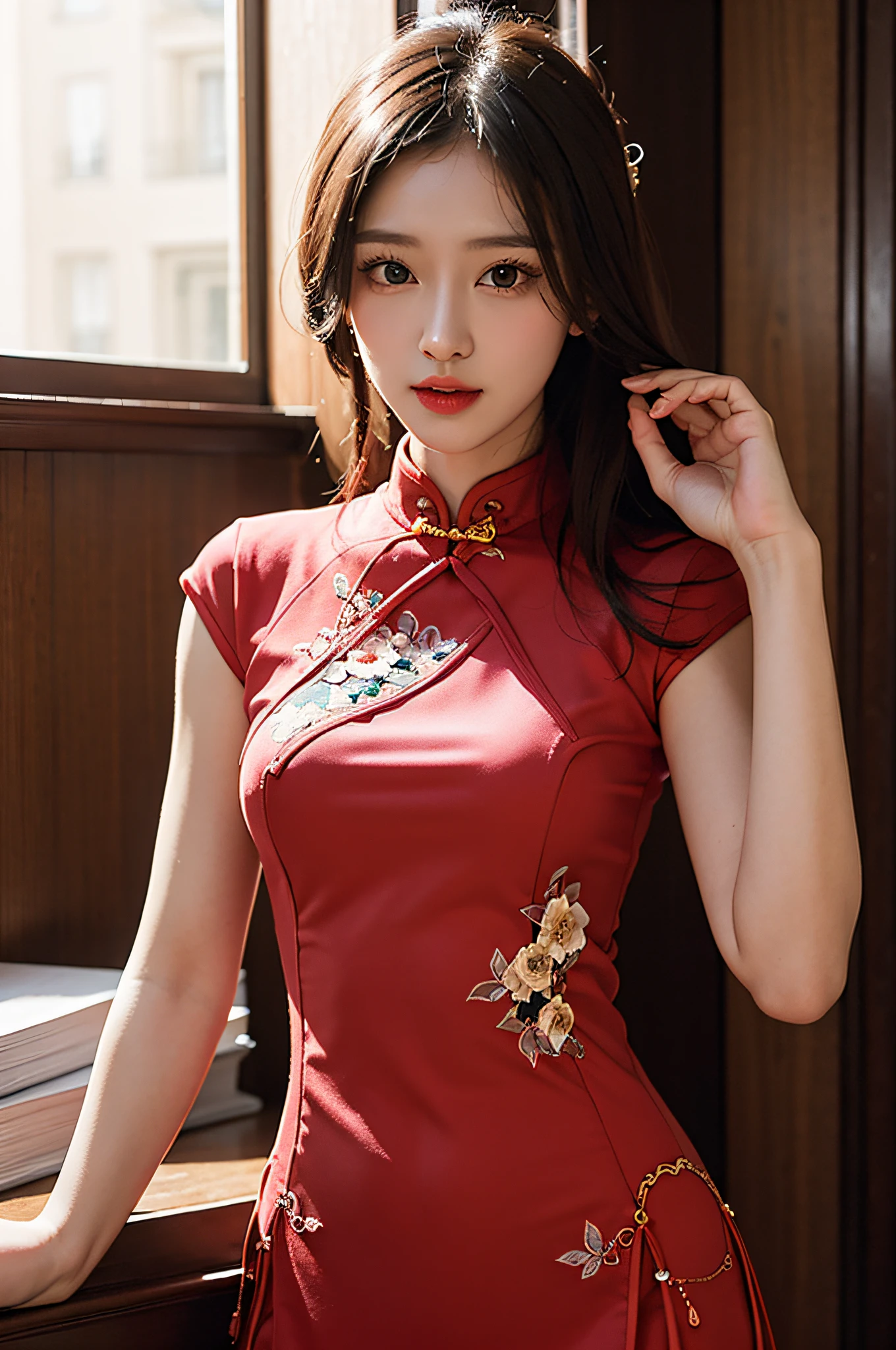 （Hyperrealistic,）4K,35mm，hyper-high detail, Professional lighting, Best quality, Ultra-high resolution, Visually stunning, (1girll:1.3), National style cheongsam,,realskin,（Perfect body 1.3）