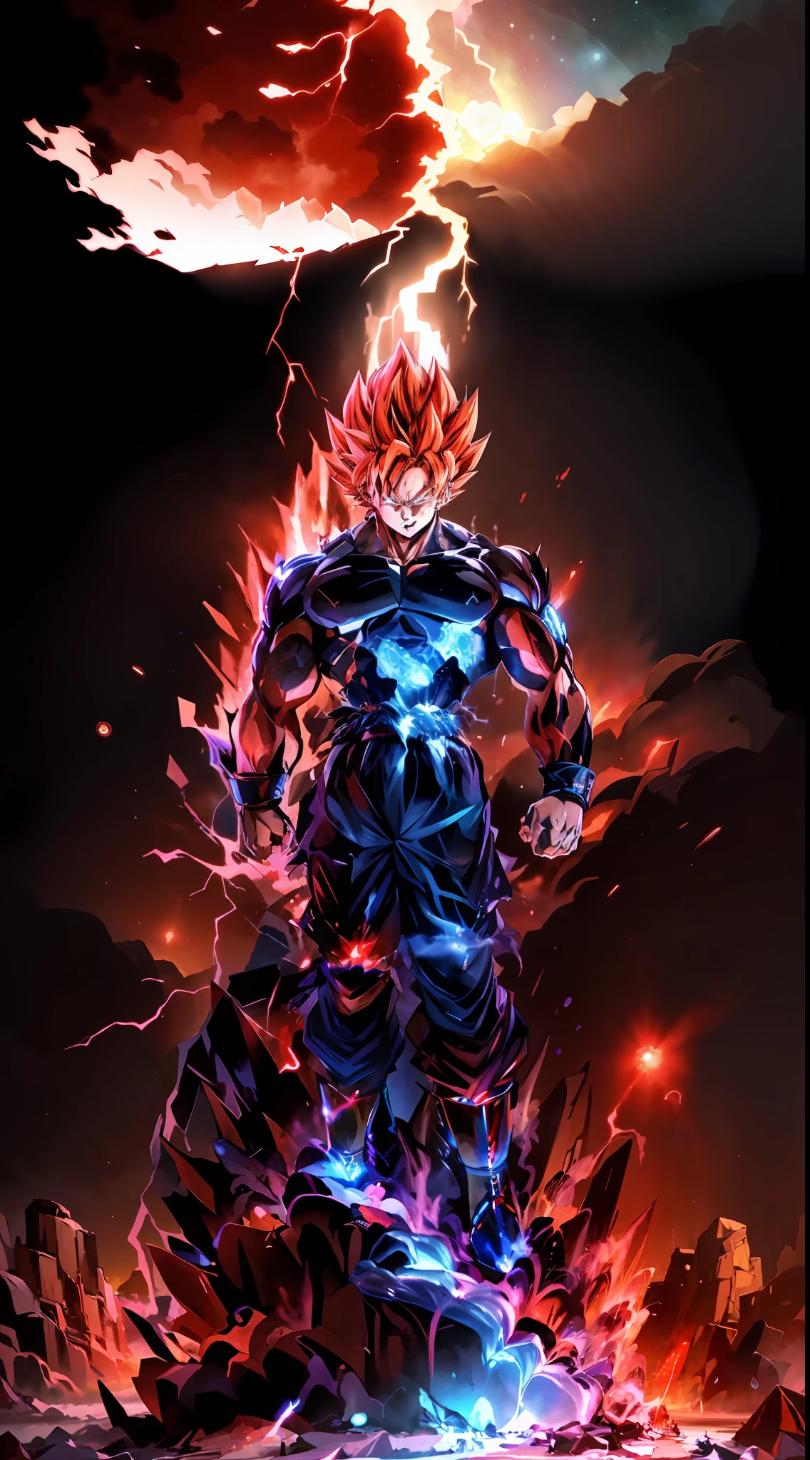 The Super Ice Saiyan girl unleashes huge energy waves that shatter the starry sky and generate huge shock waves. Standing on the ice dragon, the background is the rainstorm meteor universe. Energy waves are a mixture of red and blue tones with swirling patterns. (Ice Magic: 1.2), (Epic: 1.3), (Chaos Ingredients: 1.2), (Metal: 1.1), (Dark Red: 1.1), (Comic Book: 1.2), ((3D)), (((Actual))),