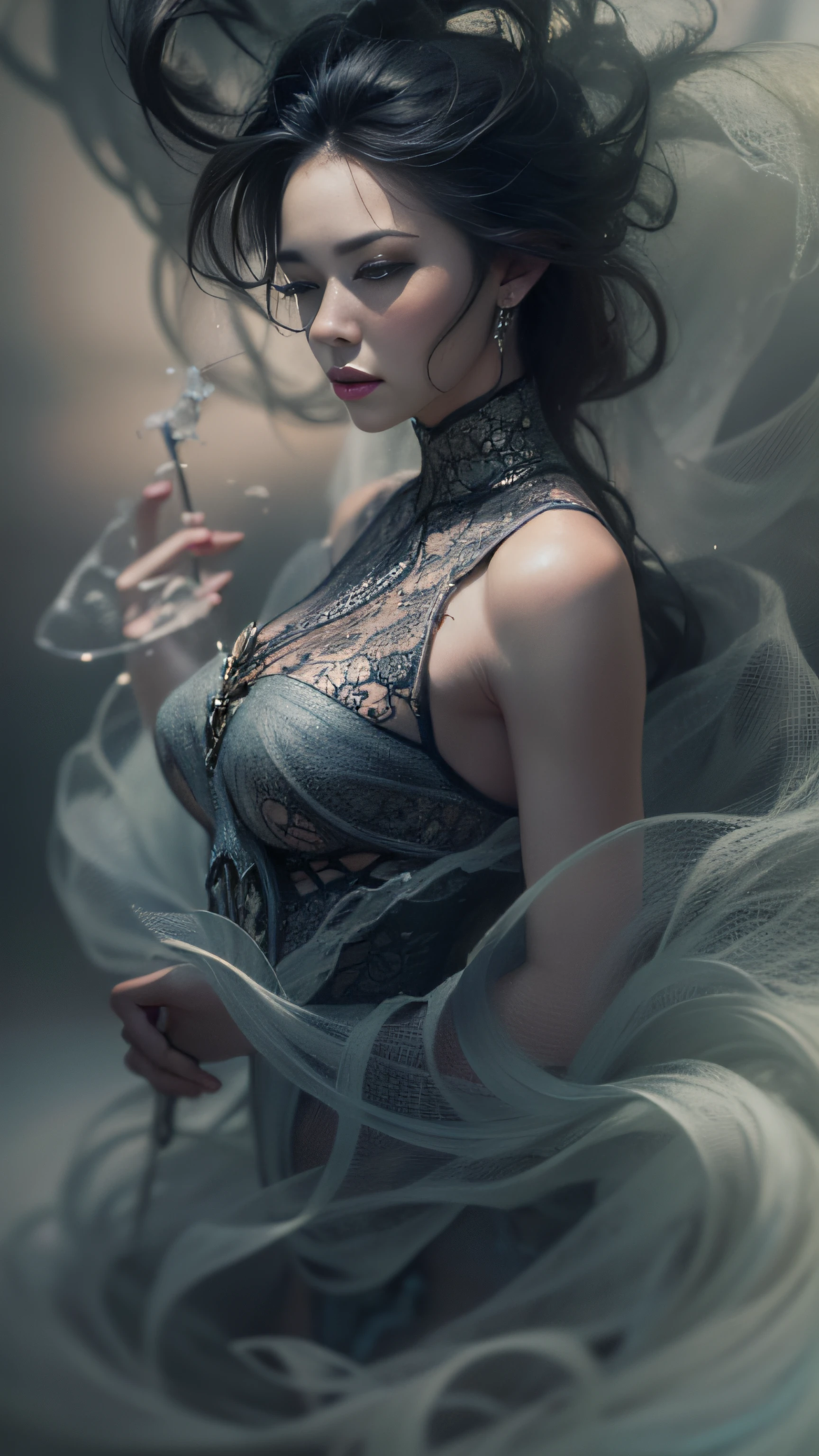 A sexy woman,, Ultra detailed art abstract photography in dark hookah spiral, Lace satin-like flowing smoke like clouds and smoke, Ten billion wild feng shui journey, perfectly proportions, A detailed, art by alberto seveso, Carne Griffith, Wadim Kashin, Jean Baptiste Monge, splashart, ink cloud, dynamic dancing pose, intricately details, carefully, at centre, in frame, dramatic lighting, Popular on CGhSociety, iintricate, Epic, Popular on artstation, highly detailed, TanvirTamim, with dynamism, Make movie character renderings, Ultra high quality, 8K