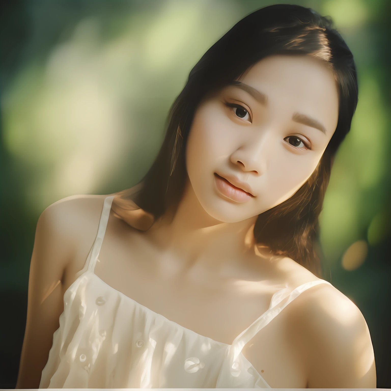 there is a woman that is posing for a picture in a dress, soft portrait shot 8 k, [ realistic photography ], young cute wan asian face, beautiful young korean woman, soft morning lighting, gorgeous young korean woman, a young asian woman, portrait soft light, captured on canon eos r 6, delicate soft hazy lighting, soft light from the side, medium portrait soft light