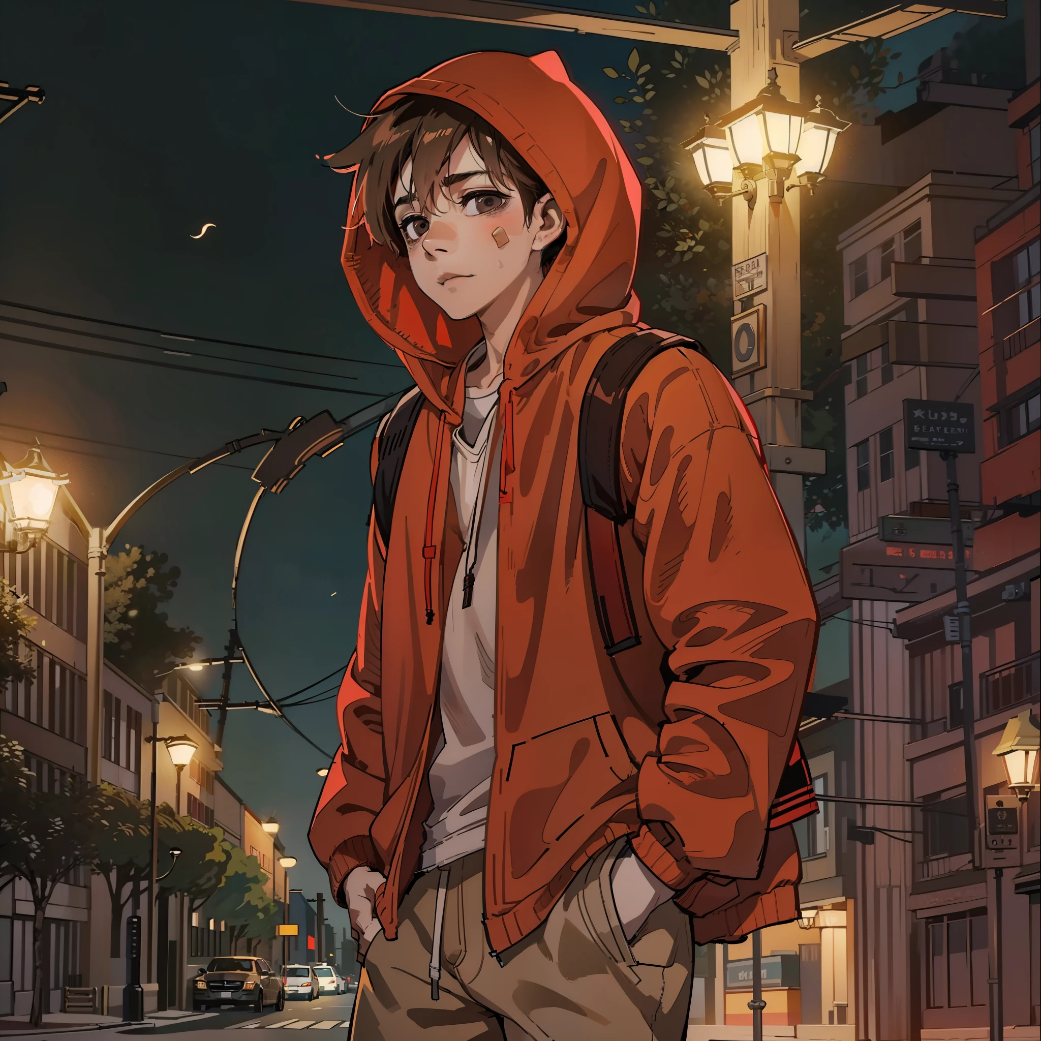 a sketch of an anime boy, brown wavy hair, hazel eyes, red hoodie, beige shorts, knee high socks, red high cut sneakers, street, boy standing on a street, leanimg on lamp post, nighttime, soft and warm lighting, aesthetic vibe, ((1boy)), ((solo, one guy, solo photo, alone))