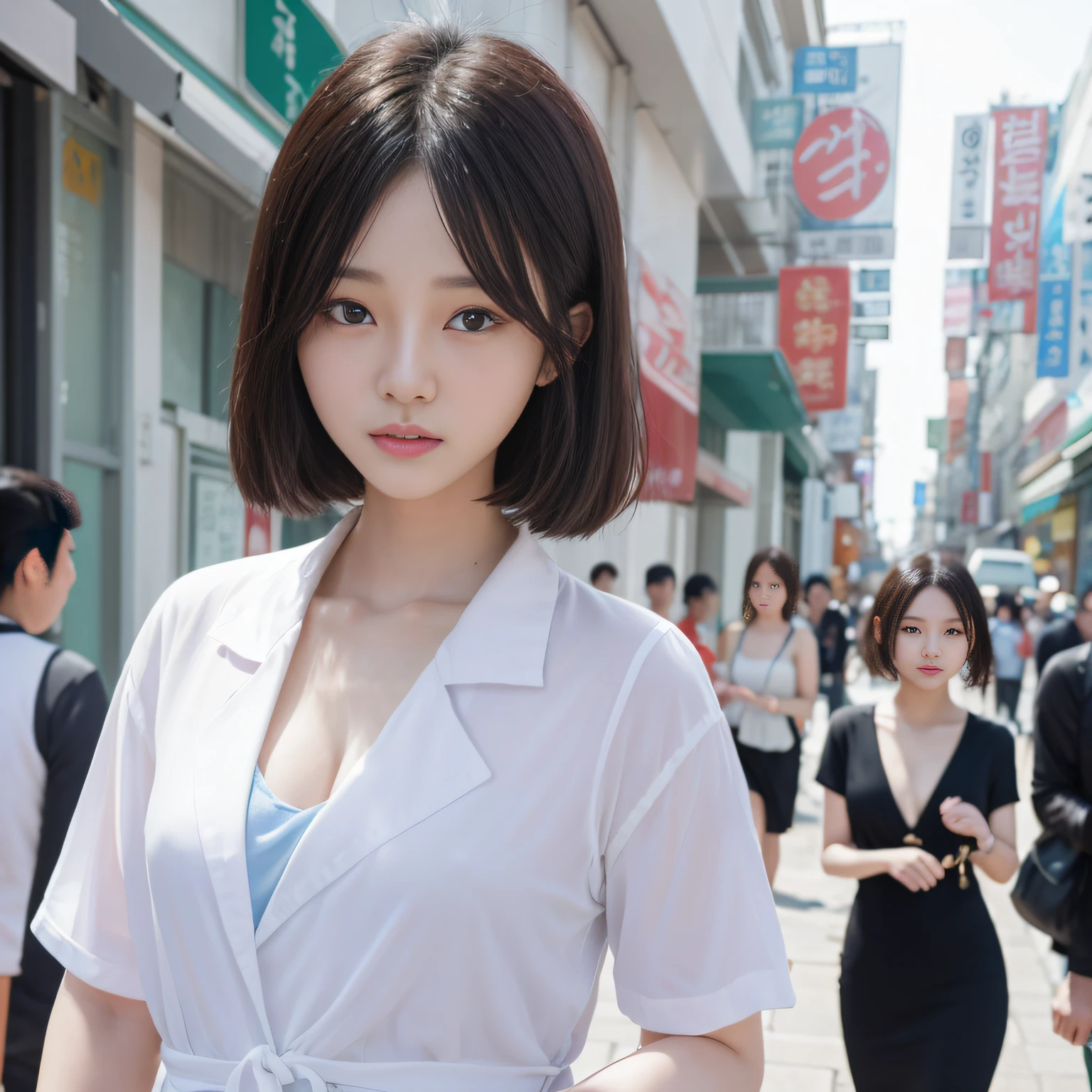 On the street yes,gorgeous korean young woman,beautiful Korean women,Beautiful Korean young woman,Korean girls,Beautiful Asian Girls,gorgeous chinese models,Korean woman,Cute and delicate face,ulzzangs,Beautiful girl model,Korean female fashion model,Beautiful asian woman,Young and cute Korean face,Short hair and glare,Best quality, 超高分辨率, (Photorealistic:1.4), Ultra detailed, Masterpiece, (8K, RAW photo, Best quality , :1.2),Delicate face,Delicate figure,high high quality,Real human skin ,Realistic Facial Expression ,systemic,systemic,Wear a bikini