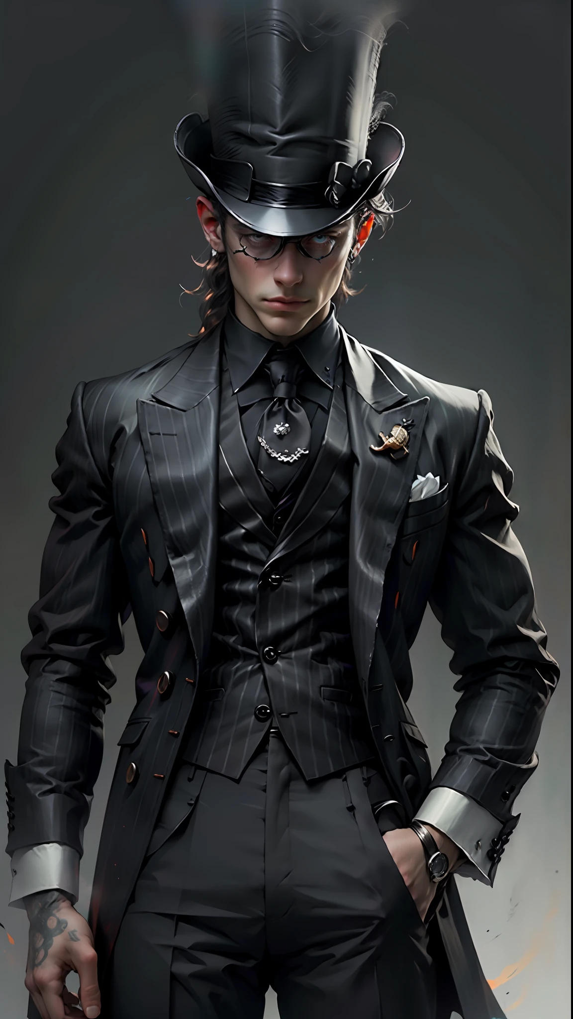 Illusionist wearing a mystical top hat with a dark, super realistic theme