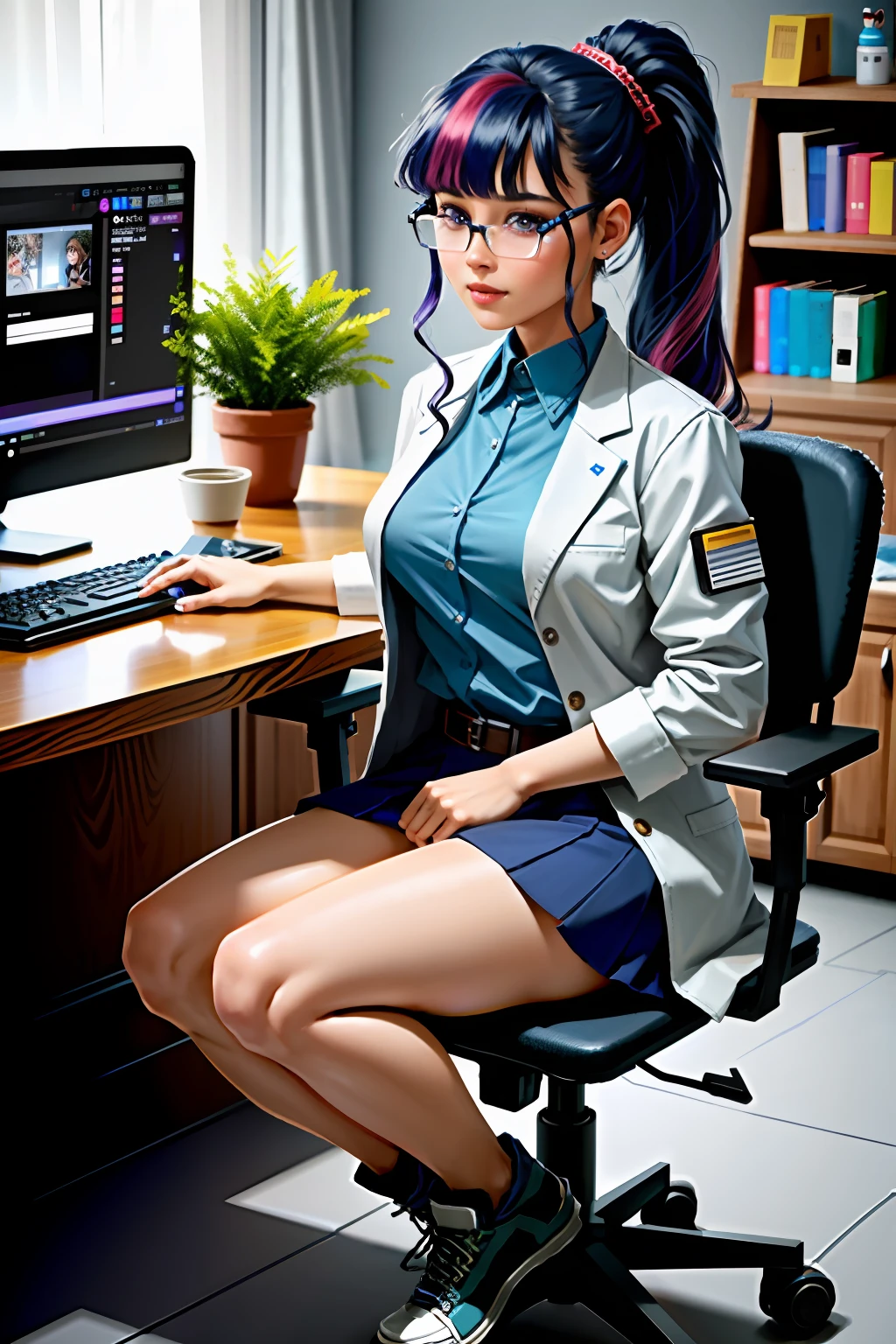 tmasterpiece, Ultra-detailed 3D render of realistic twilightHuman, a 1girl, 独奏, 8k resolution, science-fiction, ciberpunk,
long blue hair, hair pulled back, Hairstyle in the form of a ponytail, violet eyes, {eyeglasses}, blunt bangs, {Lavender skin}, smileing, facing the viewer, looking at the viewer,
{Laboratory coat}, shirt, Skirt below the knees, stocklings, shoes,
Leaning over the computer,
Cyberpunk Lab, computers, technology, Monitors, machinery,
dinamic lighting, 电影灯光,
