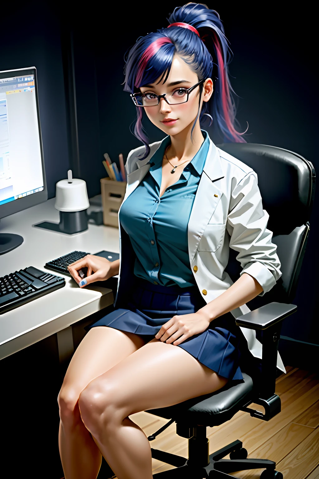 tmasterpiece, Ultra-detailed 3D render of realistic twilightHuman, a 1girl, 独奏, 8k resolution, science-fiction, ciberpunk,
long blue hair, hair pulled back, Hairstyle in the form of a ponytail, violet eyes, {eyeglasses}, blunt bangs, {Lavender skin}, smileing, facing the viewer, looking at the viewer,
{Laboratory coat}, shirt, Skirt below the knees, stocklings, shoes,
Leaning over the computer,
Cyberpunk Lab, computers, technology, Monitors, machinery,
dinamic lighting, 电影灯光,