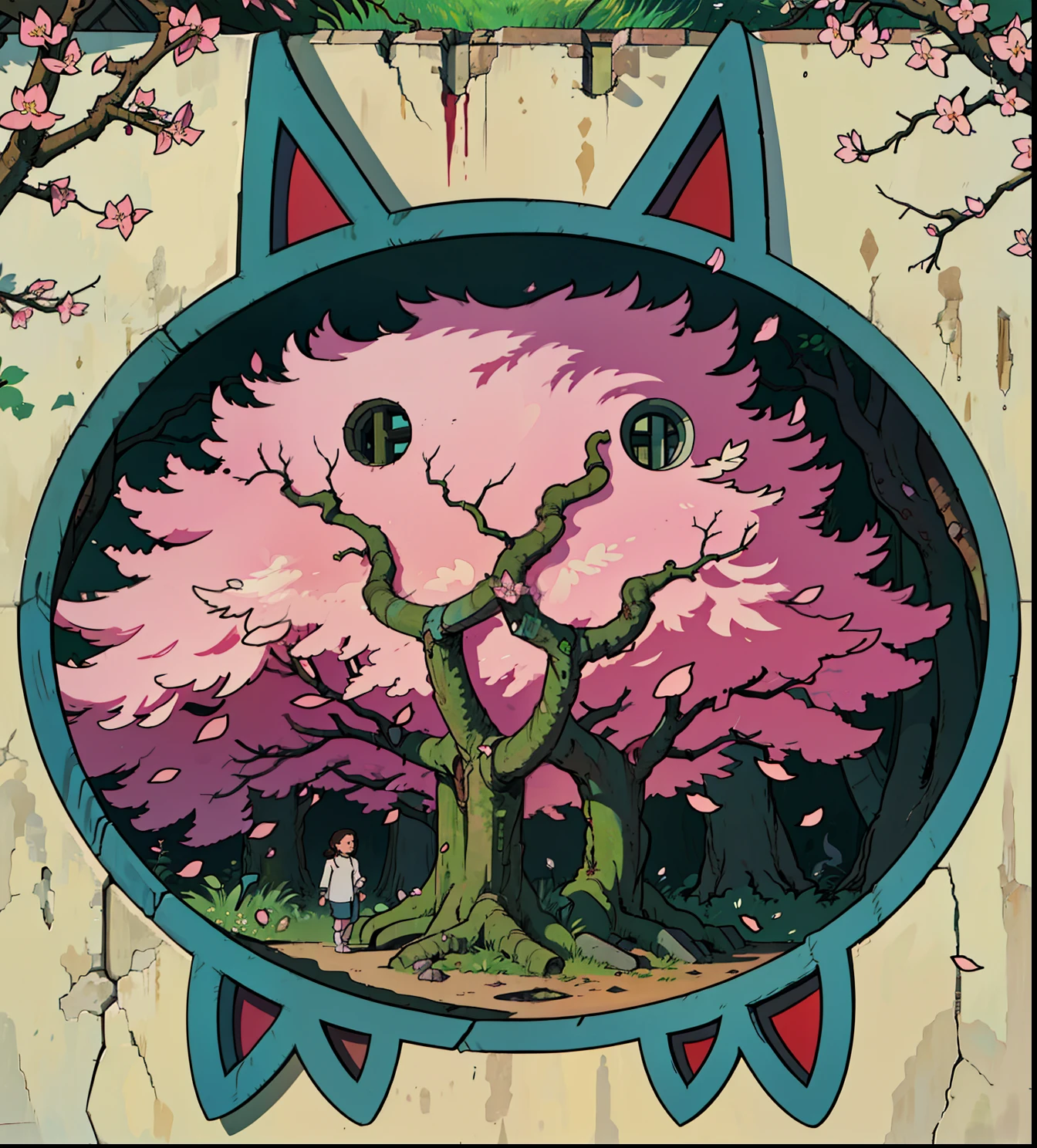 Ancient ruins+forest path+big trees+secret passages+Best quality+The perfect portrait of a masterpiece+strange scriptures+The walls of the ruins were engraved with enigmatic symbols+cherry blossom+architectural+fissure+vine