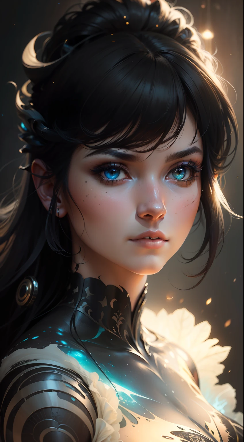 ultra detailed artistic photography, midnight aura, night sky, detailed gorgeous face, dreamy, glowing, backlit, glamour, glimmer, shadows, oil on canvas, brush strokes, smooth, ultra high definition, 8k, unreal engine 5, ultra sharp focus, art by alberto seveso, artgerm, loish, sf, intricate artwork masterpiece, ominous, matte painting movie poster, golden ratio, trending on cgsociety, intricate, epic, trending on artstation, by artgerm, h. r. giger and beksinski, highly detailed, vibrant, production cinematic character render, ultra high quality model --auto