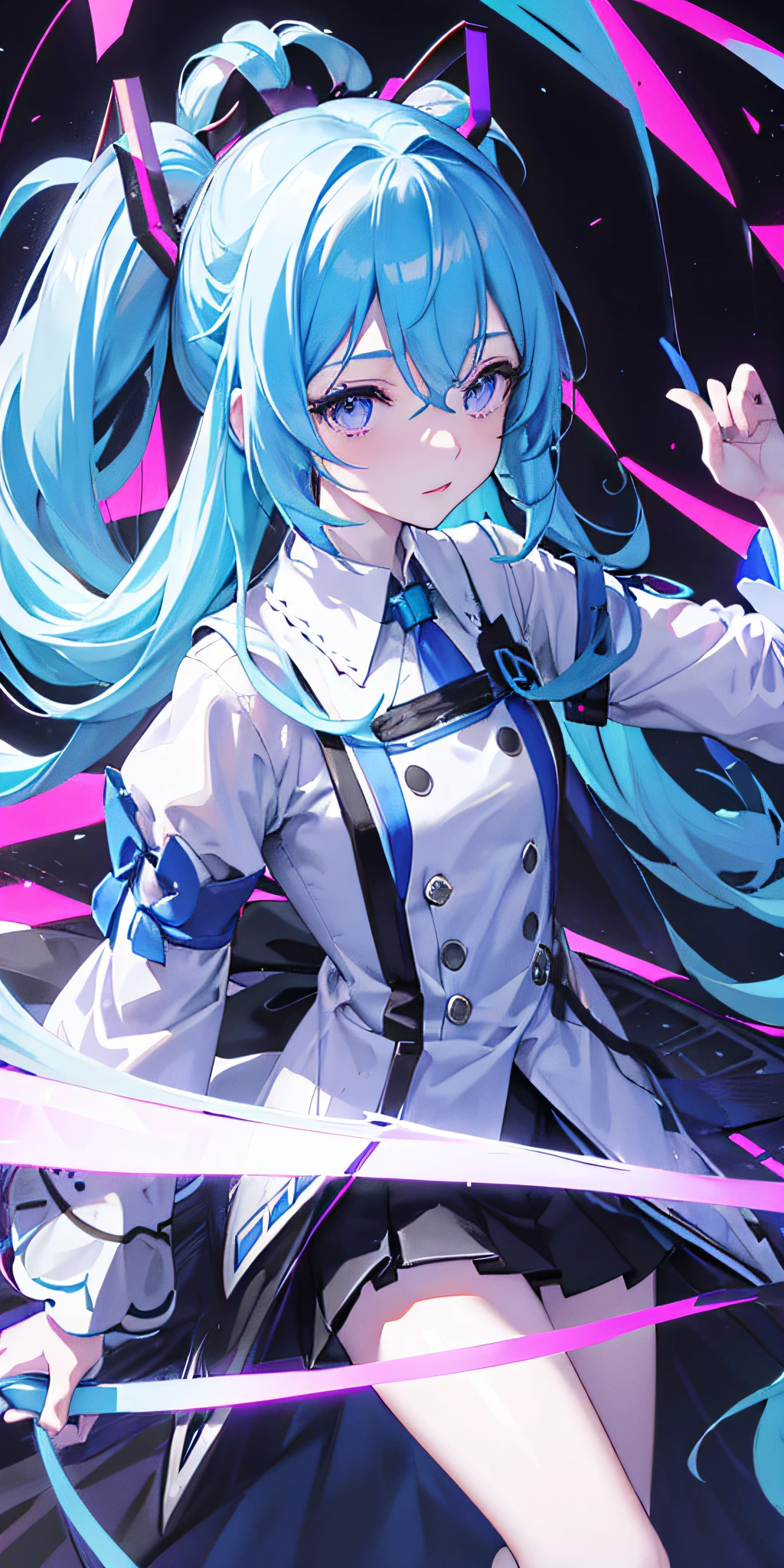 hatsunemiku,gouachestyle,long_hair,widesleeves,bluehair,whiteskin,blackeyes,simpleandelegantclothes,neonandcyanancientclothes,purple,white,neon,flowers,classicalChinesescenes,(neonHouse),inkanimation,reflective,White gloves
