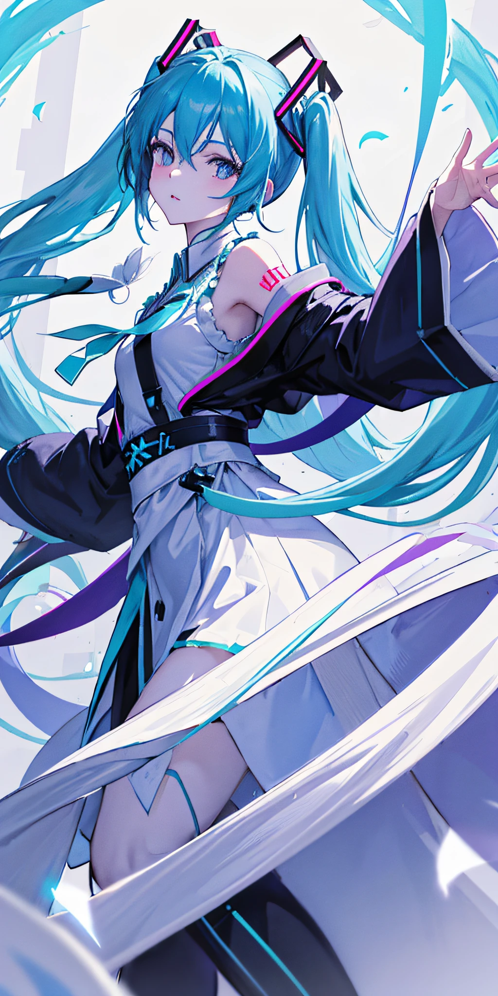 hatsunemiku,gouachestyle,long_hair,widesleeves,bluehair,whiteskin,blackeyes,simpleandelegantclothes,neonandcyanancientclothes,purple,white,neon,flowers,classicalChinesescenes,(neonHouse),inkanimation,reflective,White gloves
