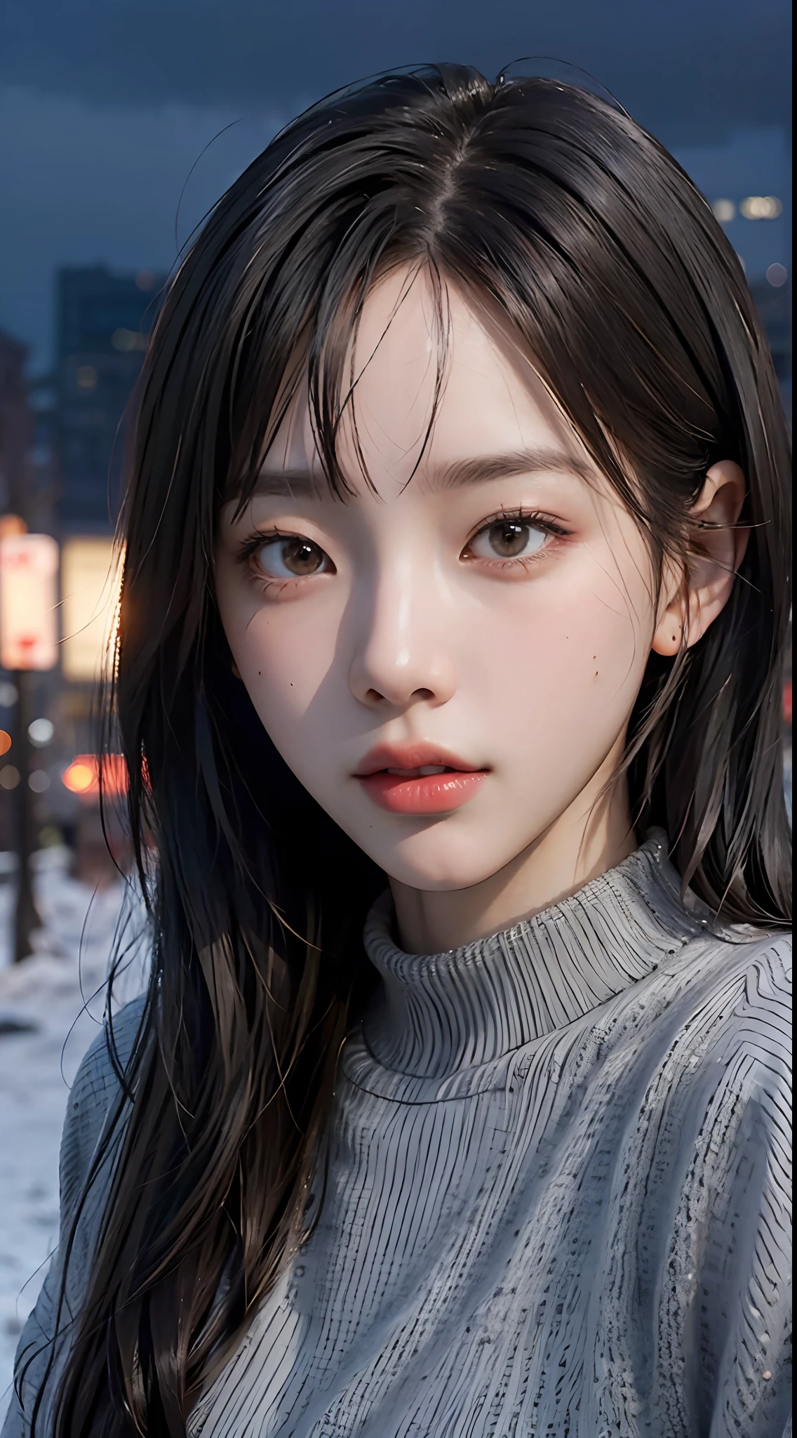 8k, new york, outdoors, crowded, cloudy sky, mature female, black hair, warm lighting, cinematic, photorealistic, high quality, highres, masterpiece, night, natural beauty, sensual look